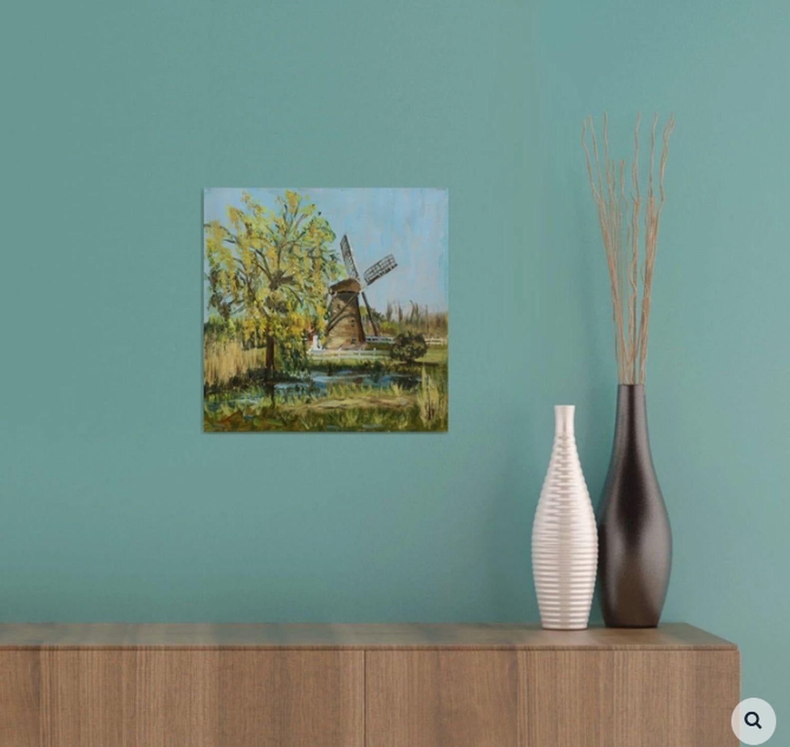 Spring windmill in Maasluis, Painting, Oil on Canvas For Sale 1