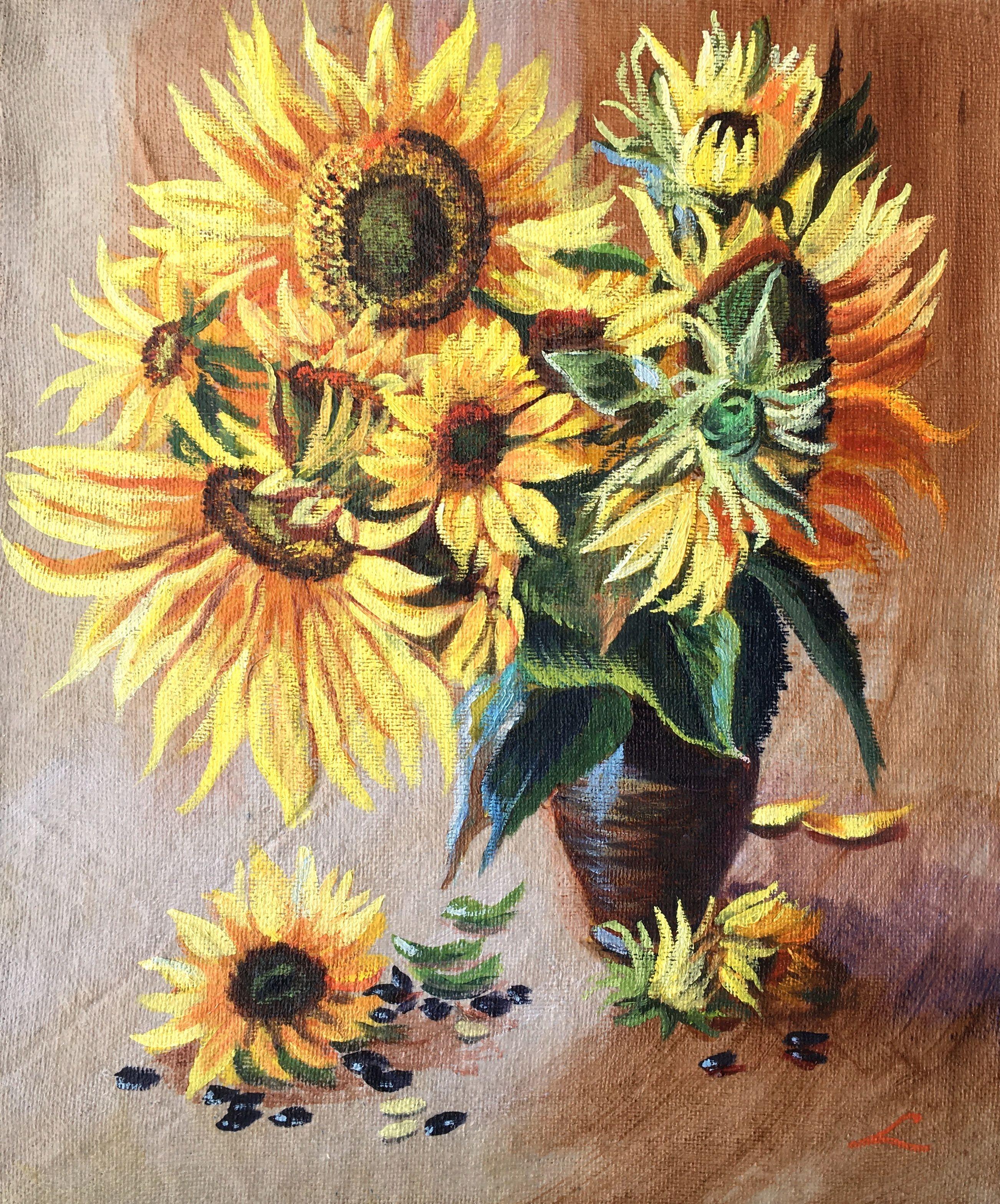 Sunflowers in a pot, painted by oil on jute canvas. :: Painting :: Impressionist :: This piece comes with an official certificate of authenticity signed by the artist :: Ready to Hang: No :: Signed: Yes :: Signature Location: on front :: Canvas ::