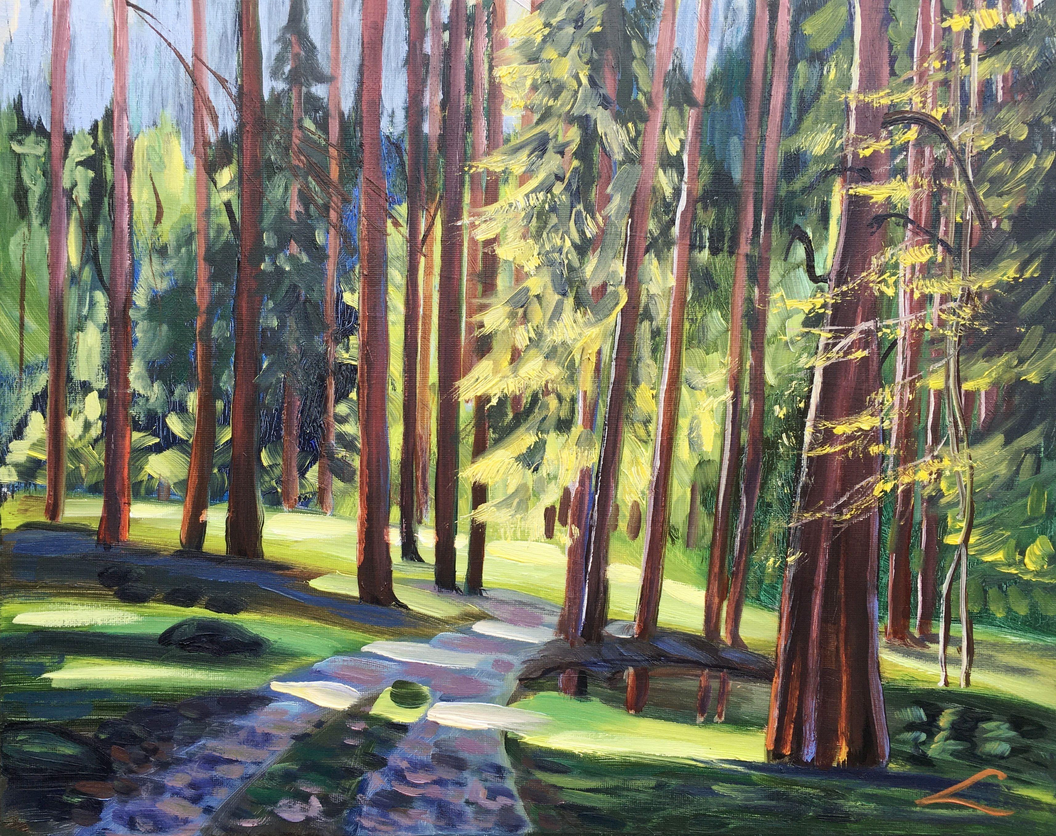 Sunny forest landscape with pines, painted by oil on canvas :: Painting :: Impressionist :: This piece comes with an official certificate of authenticity signed by the artist :: Ready to Hang: Yes :: Signed: Yes :: Signature Location: on front ::