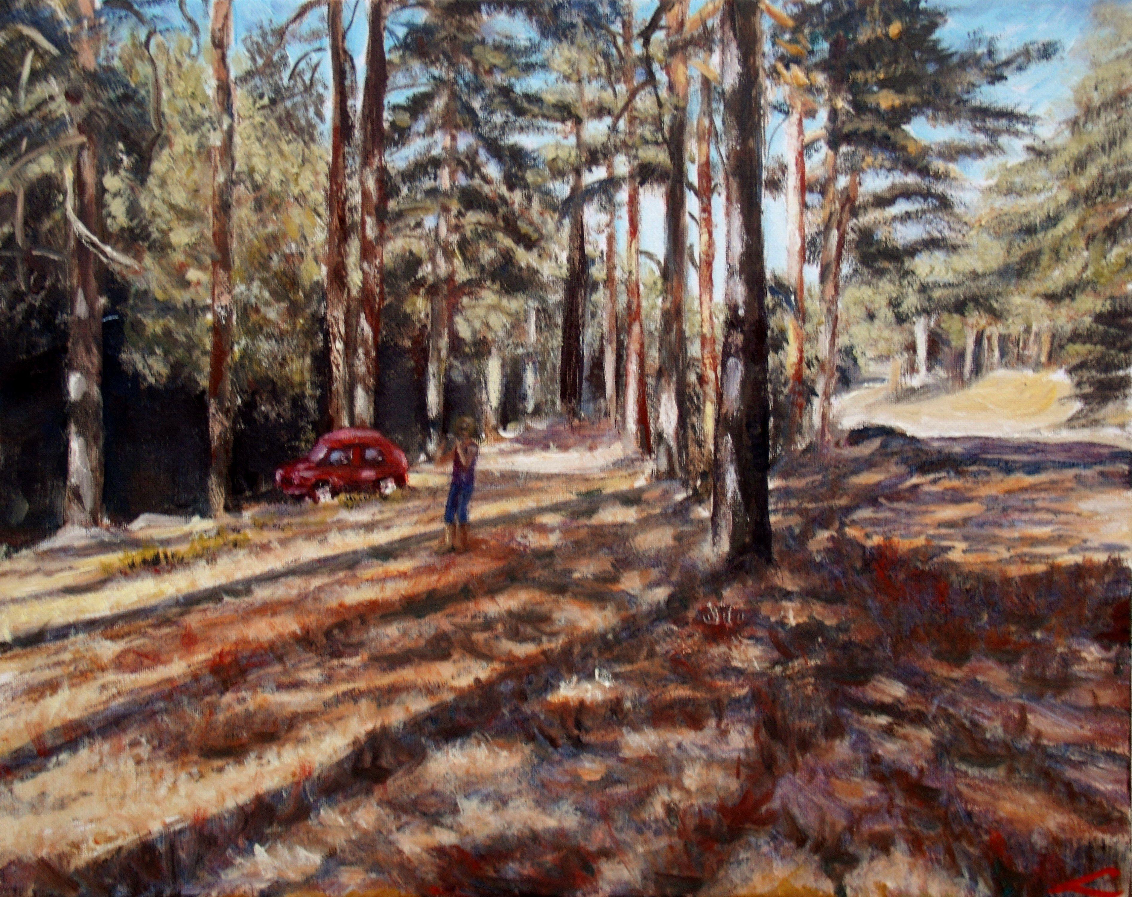 Sunny pine forest landscape. Studio painting done after the plain air on the location. :: Painting :: Impressionist :: This piece comes with an official certificate of authenticity signed by the artist :: Ready to Hang: Yes :: Signed: Yes ::