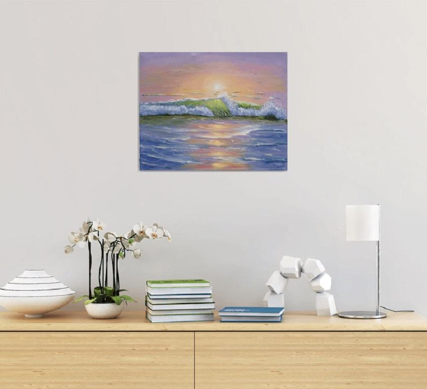 Sunrise over the sea, painted by oil on canvas :: Painting :: Impressionist :: This piece comes with an official certificate of authenticity signed by the artist :: Ready to Hang: Yes :: Signed: Yes :: Signature Location: on front :: Canvas ::