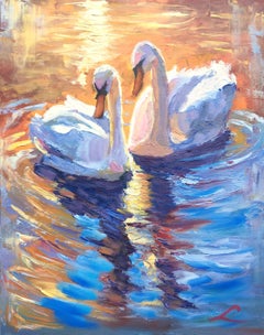 Sunset swans, Painting, Oil on Canvas