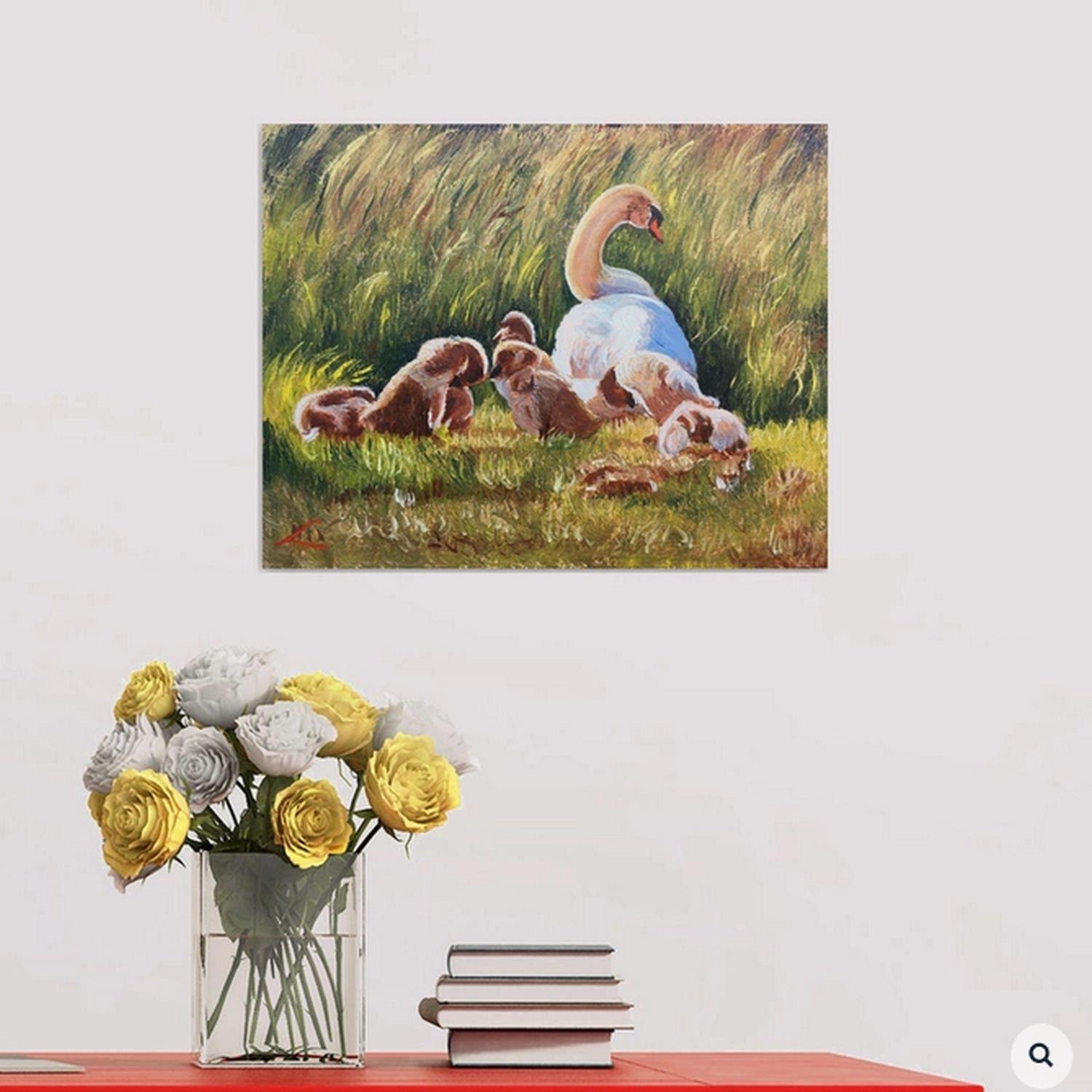 Cigno e bambini, Pittura, Olio su tela - Painting Impressionismo di Elena Sokolova