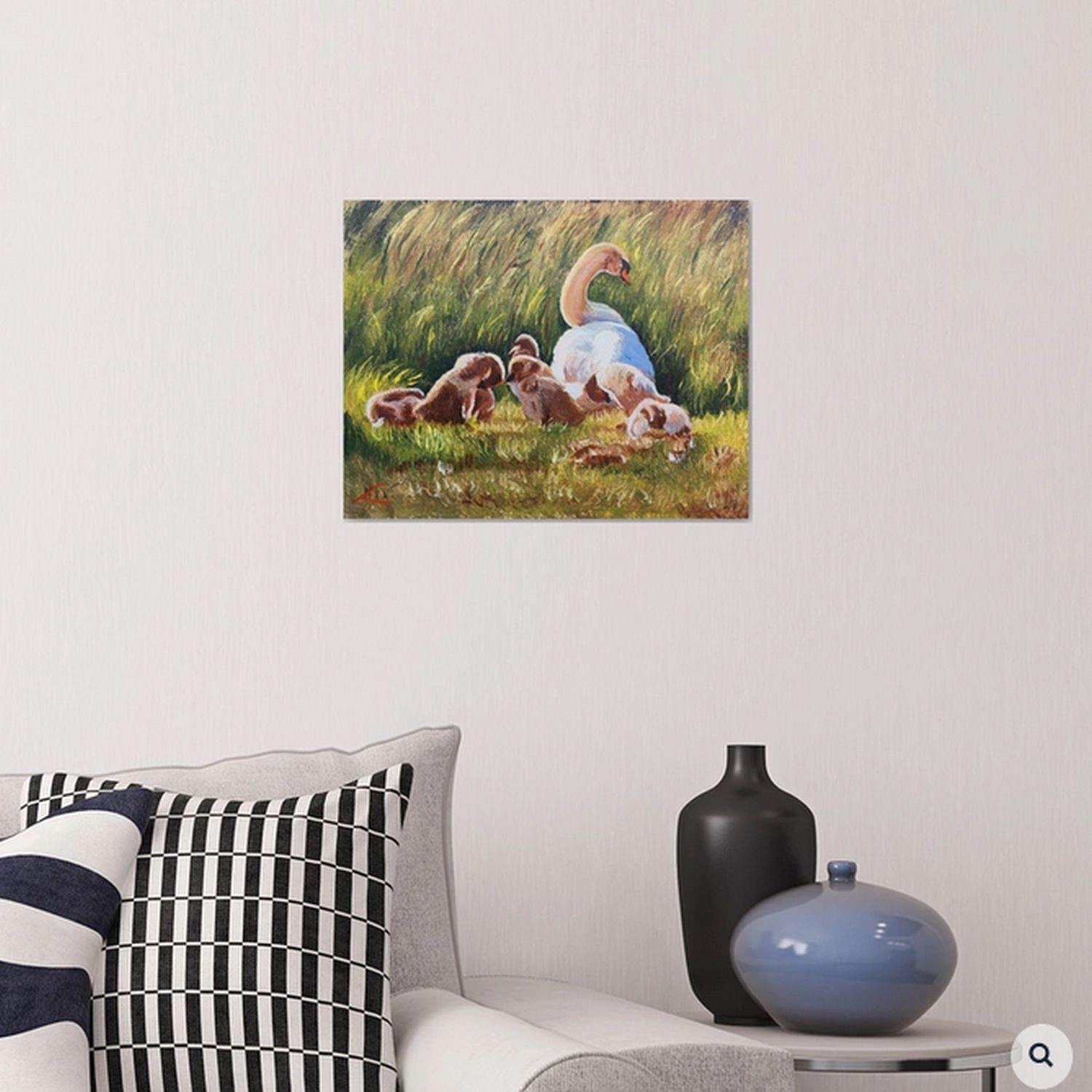 Cigno con bambini, dipinto ad olio su tela :: Pittura :: Impressionista :: Questo pezzo viene fornito con un certificato ufficiale di autenticità firmato dall'artista :: Pronto da appendere: Yes :: Firmato: Yes :: Posizione della firma: sul fronte