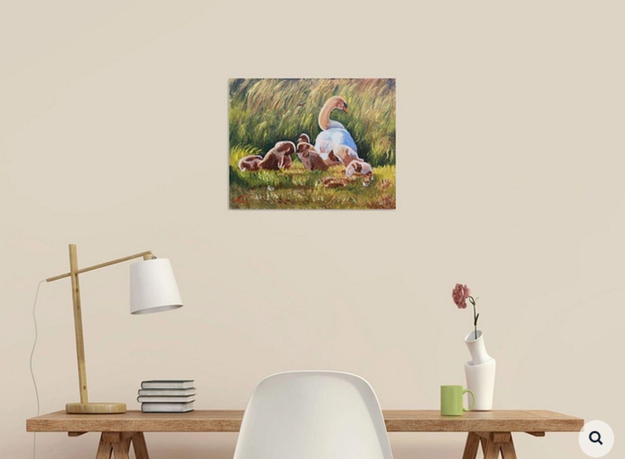 Cigno e bambini, Pittura, Olio su tela in vendita 1