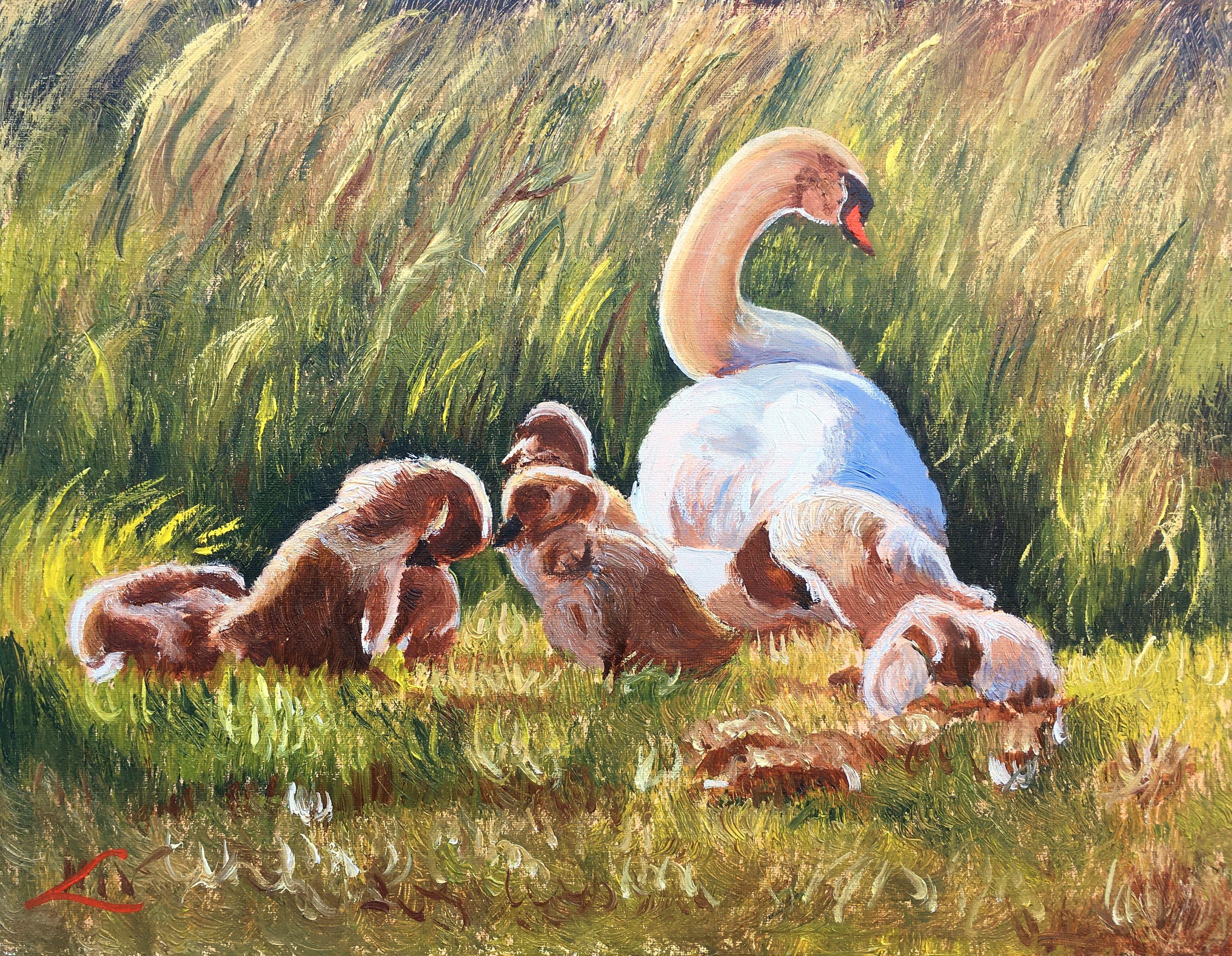 Cigno e bambini, Pittura, Olio su tela - Painting di Elena Sokolova