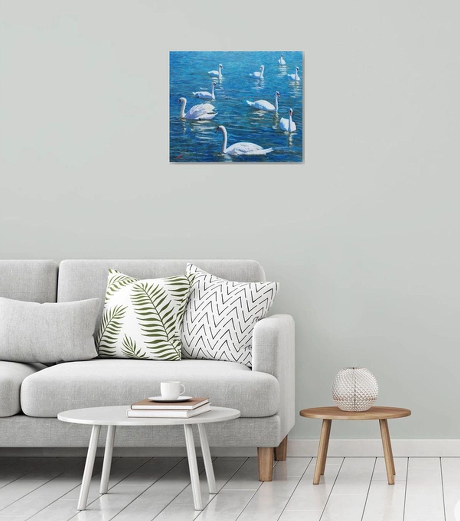 Neun Schwäne im Wasser, gemalt mit Öl auf Leinwand :: Gemälde :: Impressionist :: Dieses Werk wird mit einem offiziellen, vom Künstler unterzeichneten Echtheitszertifikat geliefert :: Bereit zum Aufhängen: Ja :: Signiert: Ja :: Ort der Signatur: auf