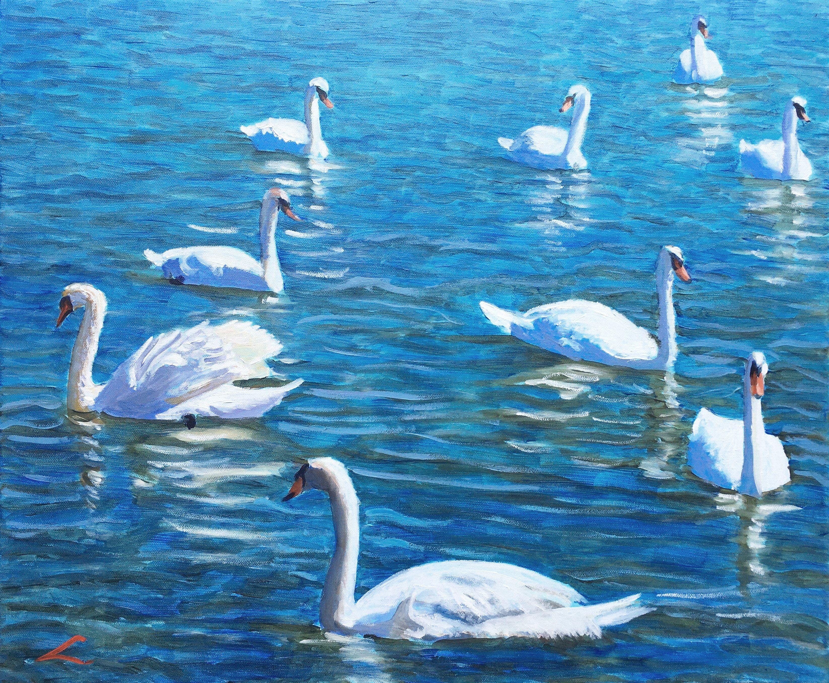 Nine swans in the water, painted by oil on canvas. :: Painting :: Impressionist :: This piece comes with an official certificate of authenticity signed by the artist :: Ready to Hang: Yes :: Signed: Yes :: Signature Location: on front :: Canvas ::