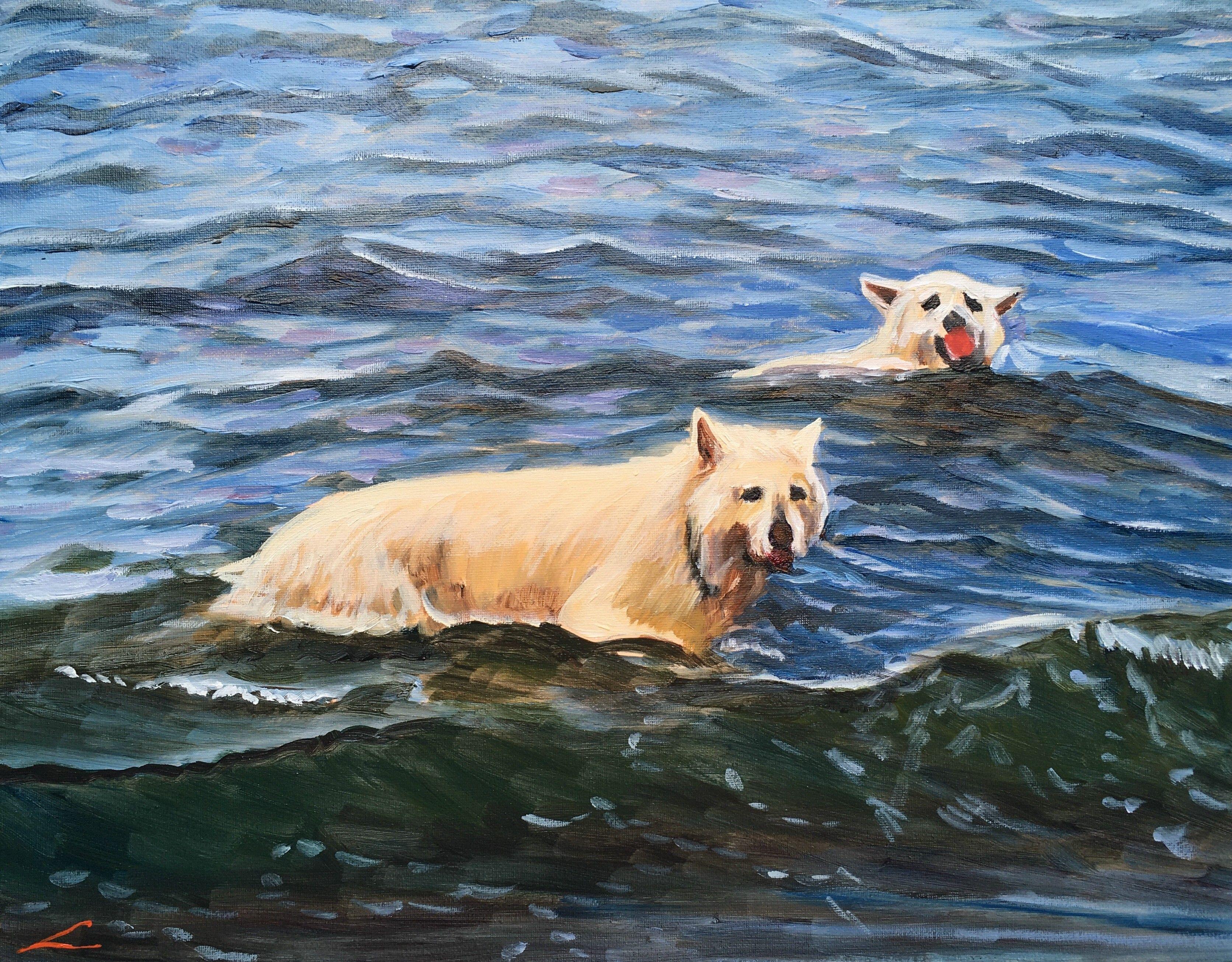 Elena Sokolova Animal Painting - Swimming dogs, Painting, Oil on Canvas