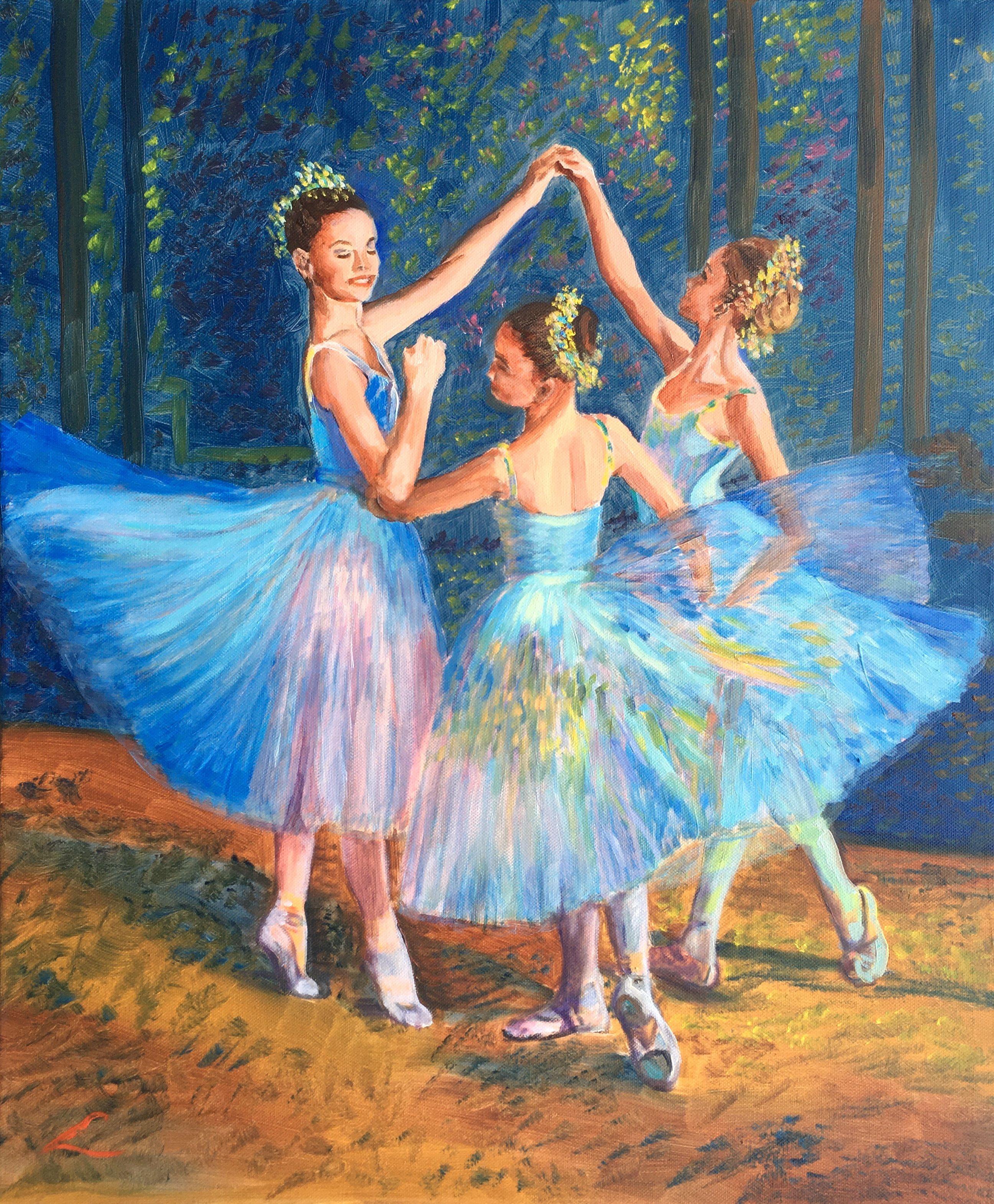 Three yoing ballerinas in blue dresses, painted by oil on canvas. :: Painting :: Impressionist :: This piece comes with an official certificate of authenticity signed by the artist :: Ready to Hang: Yes :: Signed: Yes :: Signature Location: on front