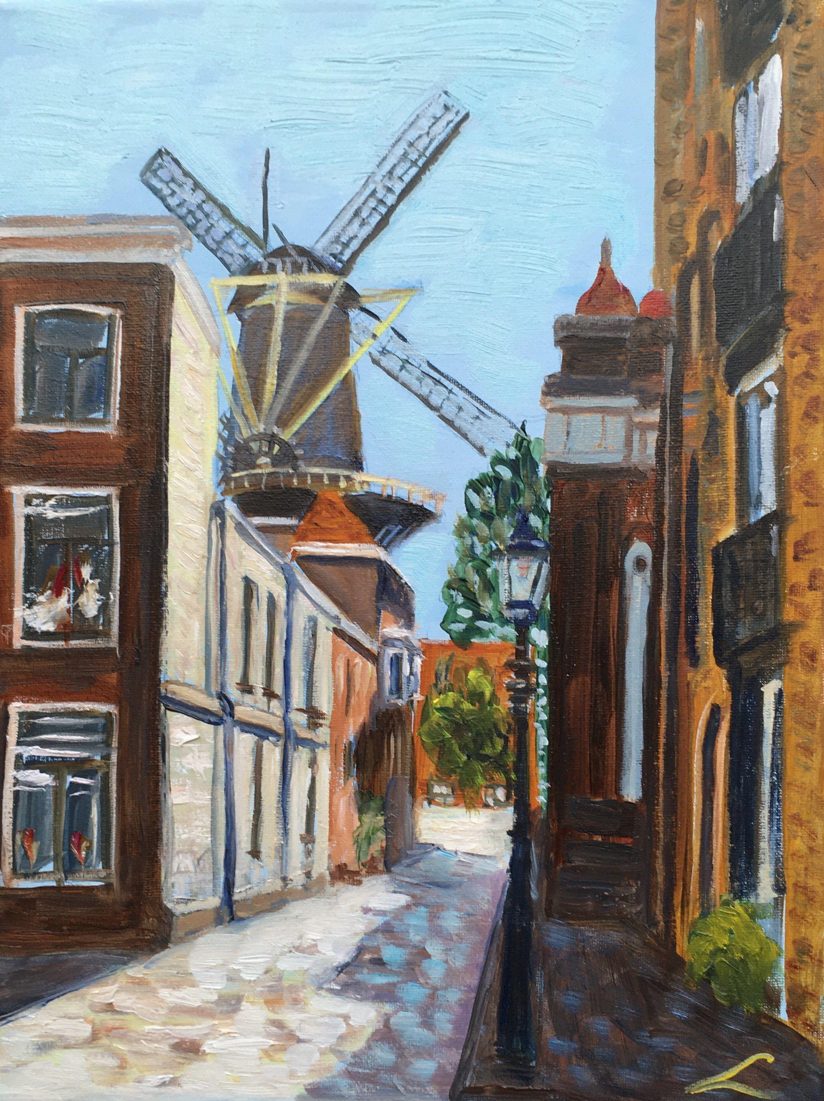 Plain air painting of the street with a windmill. :: Painting :: Impressionist :: This piece comes with an official certificate of authenticity signed by the artist :: Ready to Hang: Yes :: Signed: Yes :: Signature Location: on front :: Canvas ::