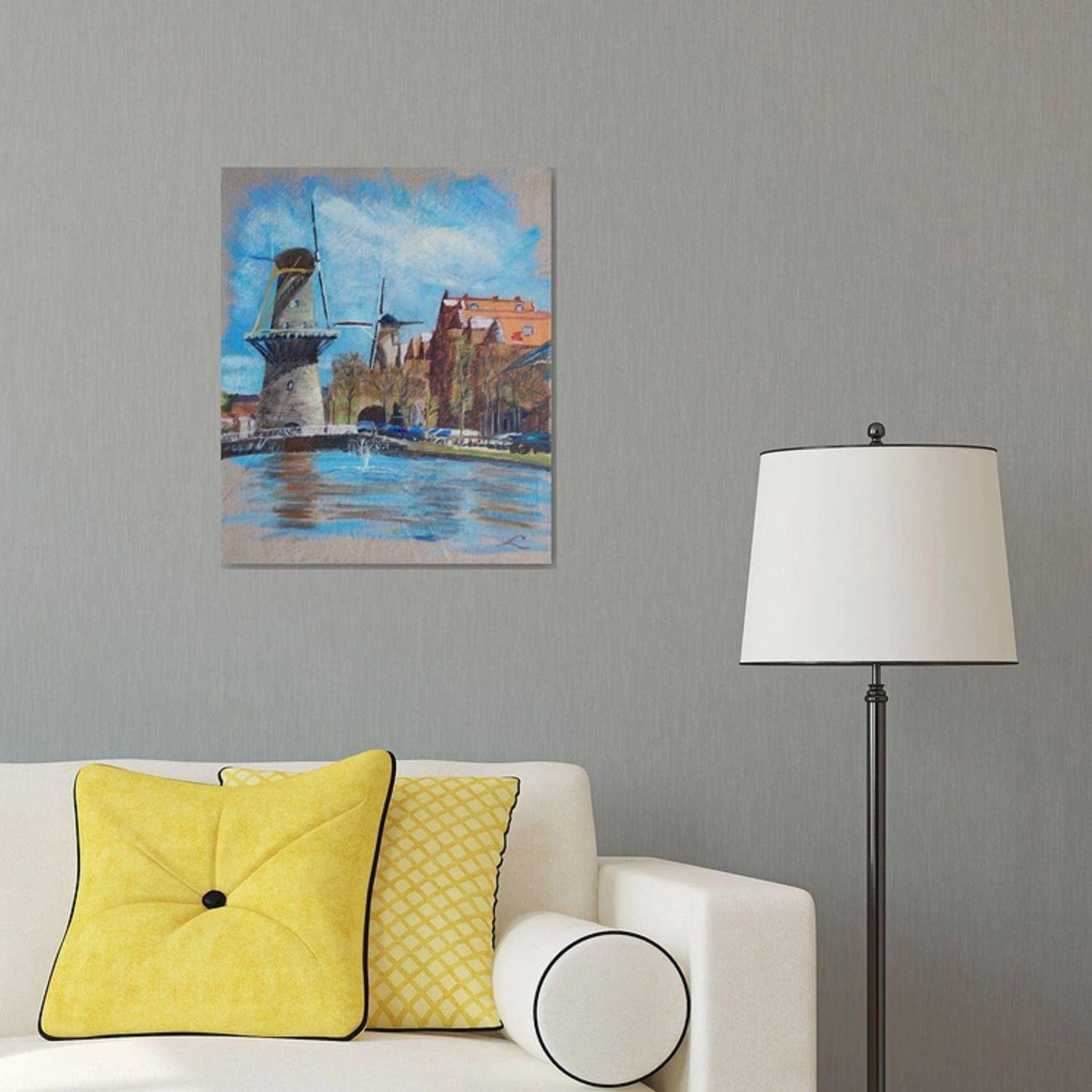 The view of Schiedam, cityscape with windmills, channel and reflections, painted by oil on a jute canvas. :: Painting :: Impressionist :: This piece comes with an official certificate of authenticity signed by the artist :: Ready to Hang: Yes ::