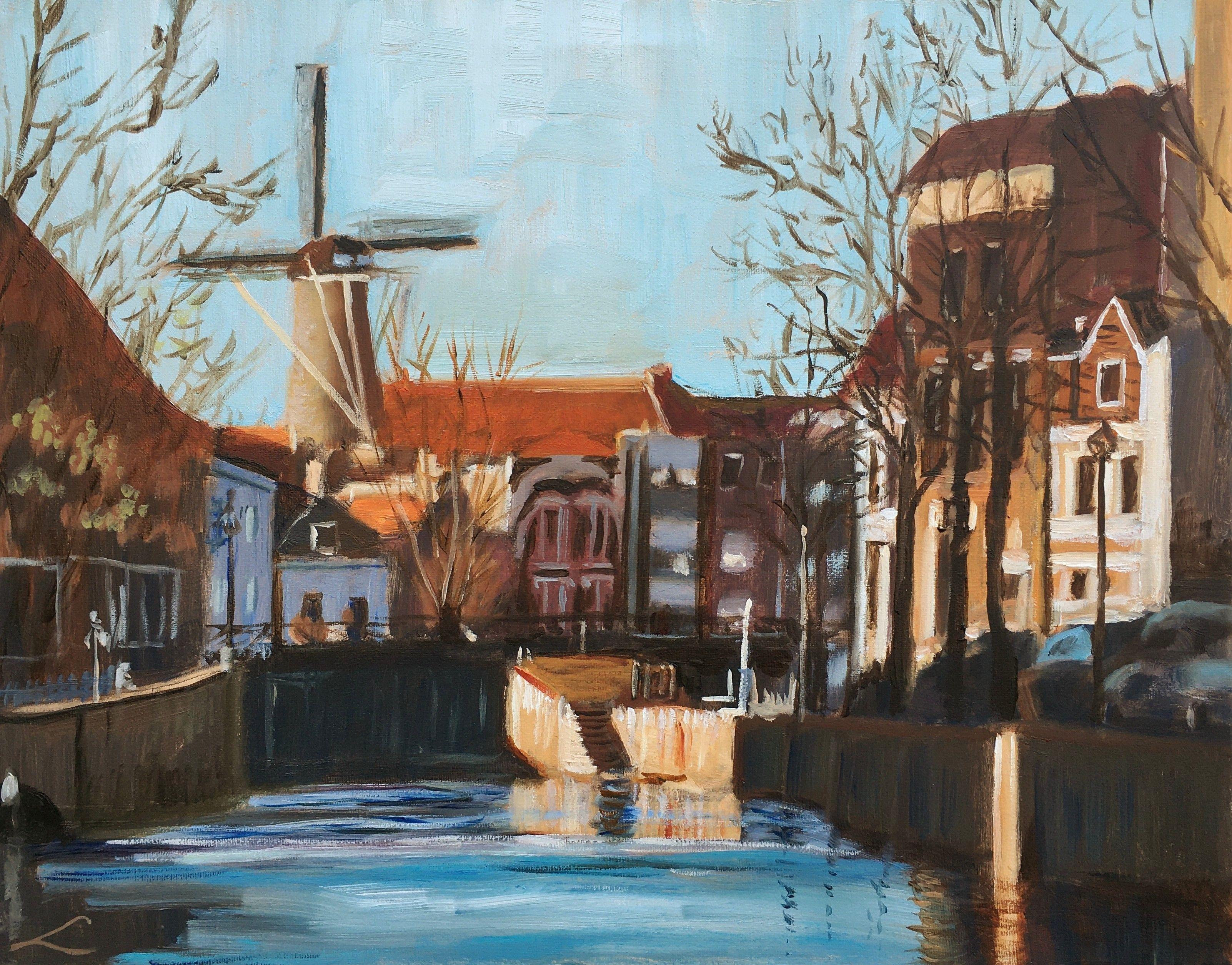 The view of Schiedam with a channel, houses and a windmill, painted by oil on canvas. :: Painting :: Impressionist :: This piece comes with an official certificate of authenticity signed by the artist :: Ready to Hang: Yes :: Signed: Yes ::