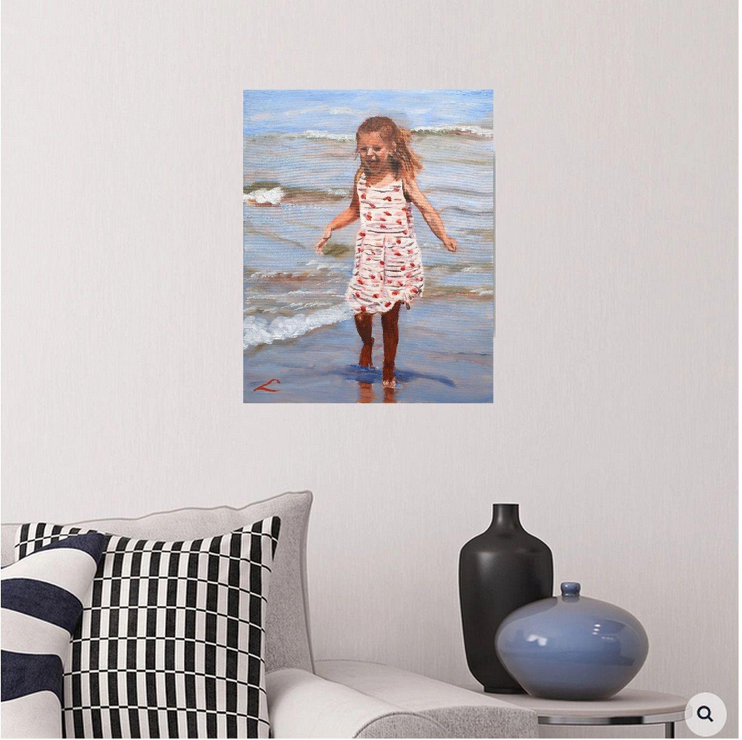 Kleines Mädchen am Meer, gemalt mit Öl auf Leinwand :: Gemälde :: Impressionist :: Dieses Werk wird mit einem offiziellen, vom Künstler unterzeichneten Echtheitszertifikat geliefert :: Bereit zum Aufhängen: Ja :: Signiert: Ja :: Ort der Signatur: