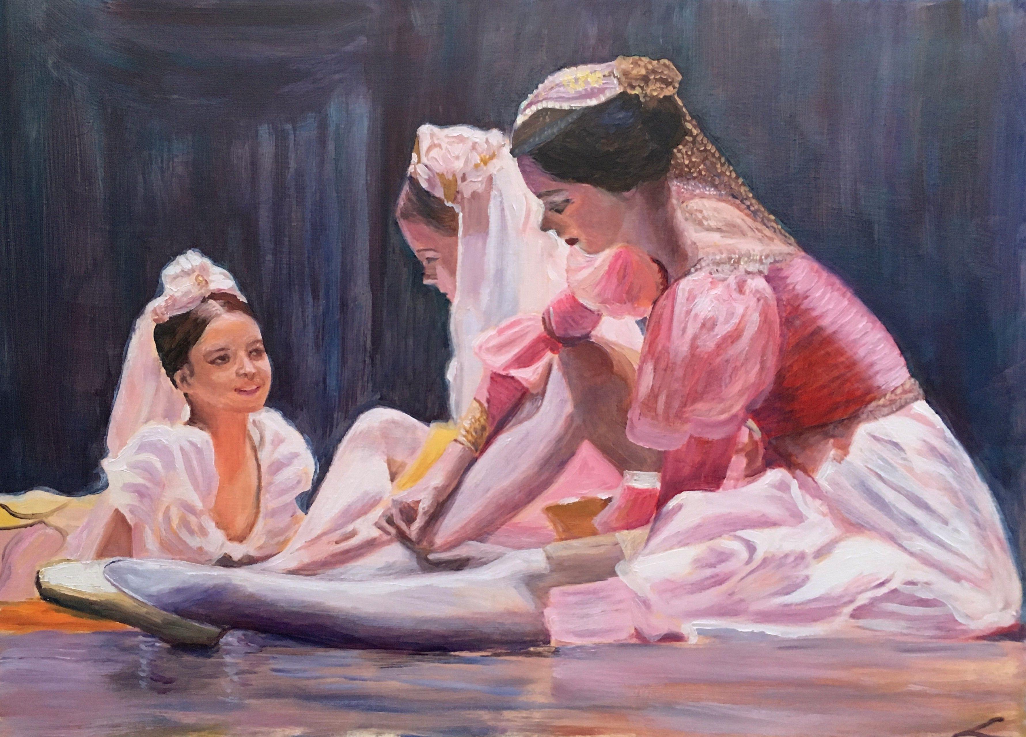 Three ballerinas before the performance, painted by oil on canvas. :: Painting :: Impressionist :: This piece comes with an official certificate of authenticity signed by the artist :: Ready to Hang: Yes :: Signed: Yes :: Signature Location: on