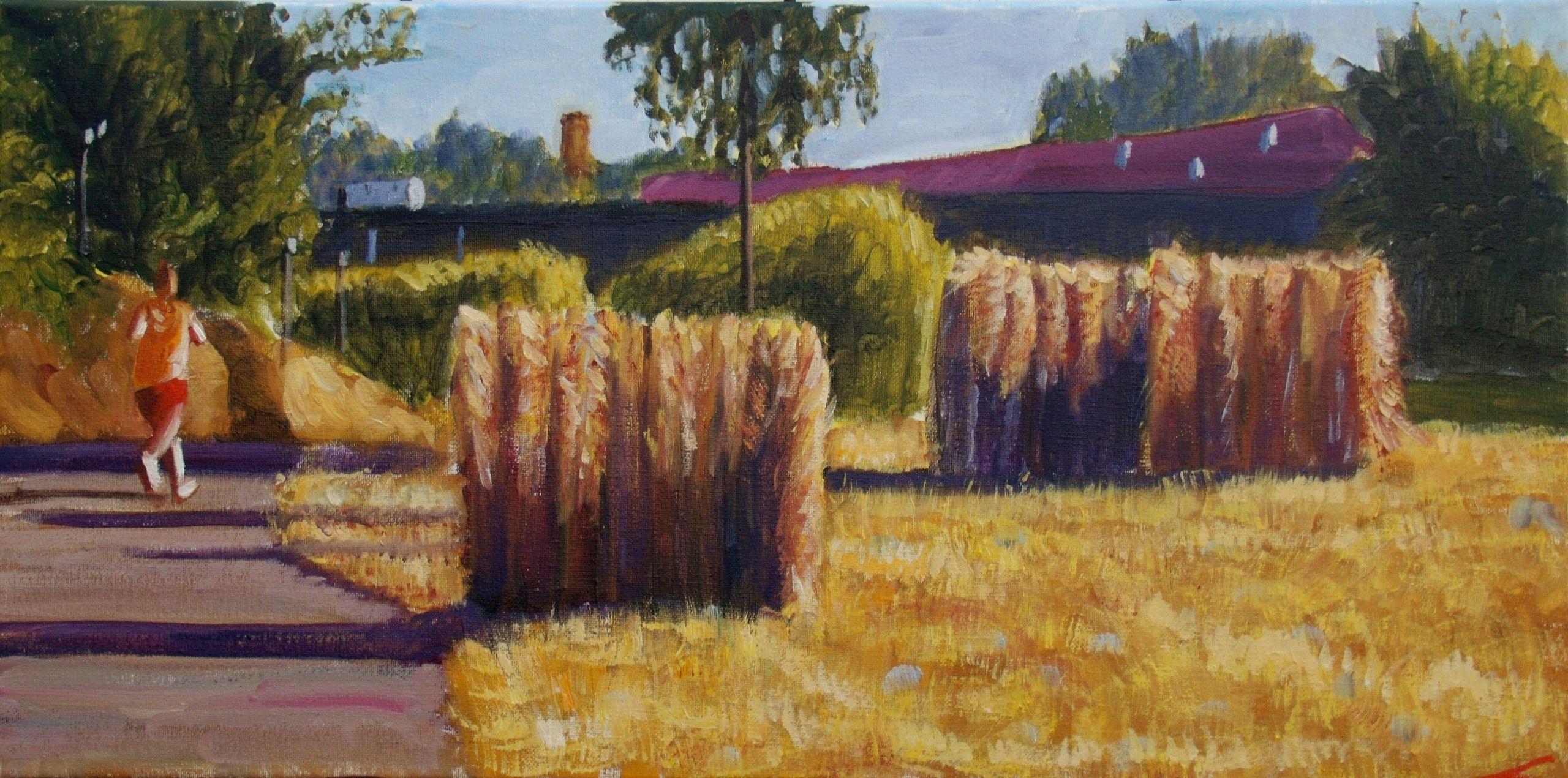 Elena Sokolova Landscape Painting - Three haystacks, Painting, Oil on Canvas