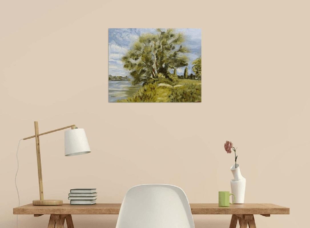Landschaft mit einem Baum am Fluss. Gemälde im Studio, gemalt nach der reinen Luft vor Ort :: Malerei :: Impressionist :: Dieses Werk wird mit einem offiziellen, vom Künstler unterzeichneten Echtheitszertifikat geliefert :: Bereit zum Aufhängen: Ja