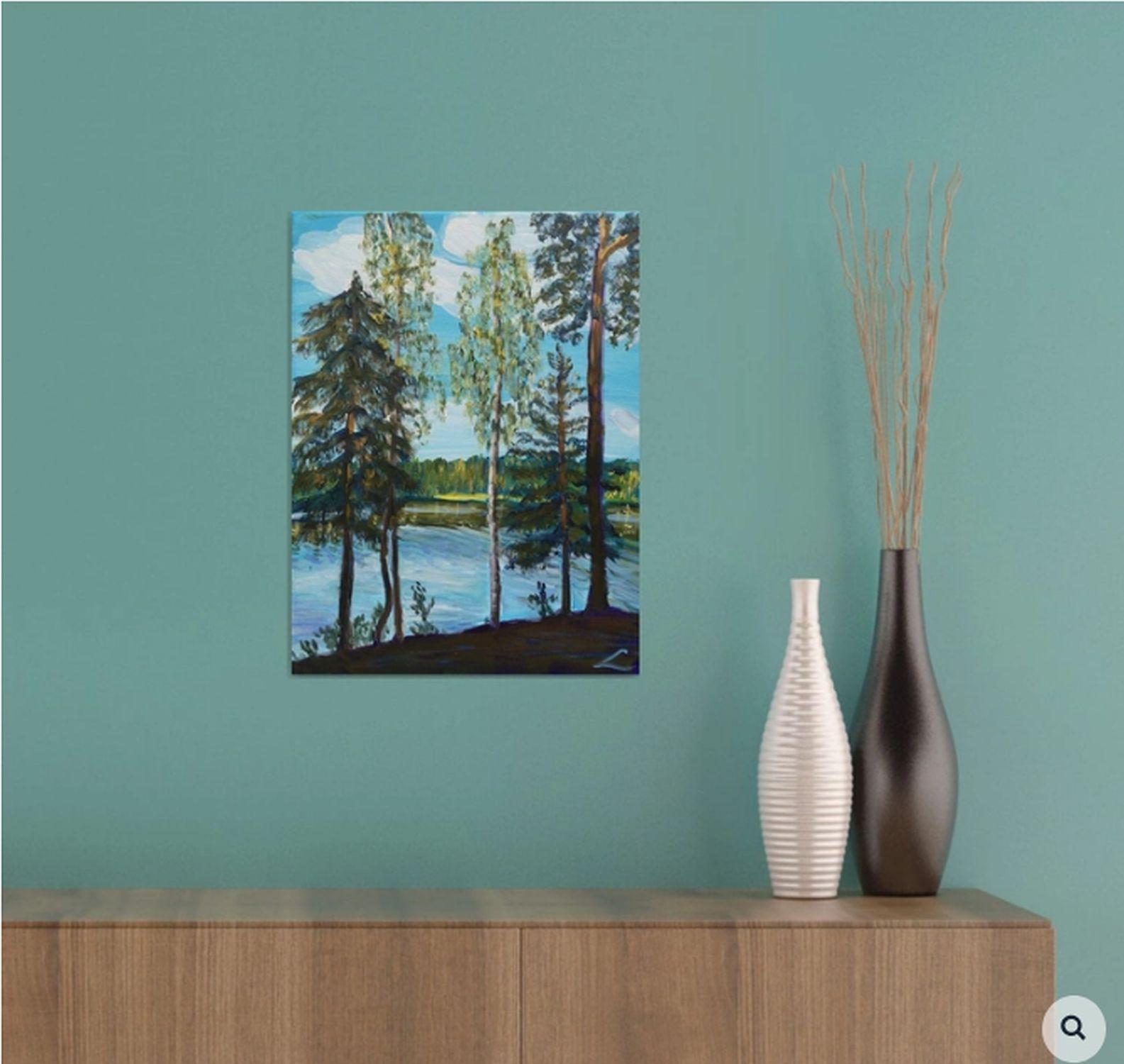 Landscape with trees at the lake. Studio painting done after the plain ait on the location. :: Painting :: Impressionist :: This piece comes with an official certificate of authenticity signed by the artist :: Ready to Hang: Yes :: Signed: Yes ::