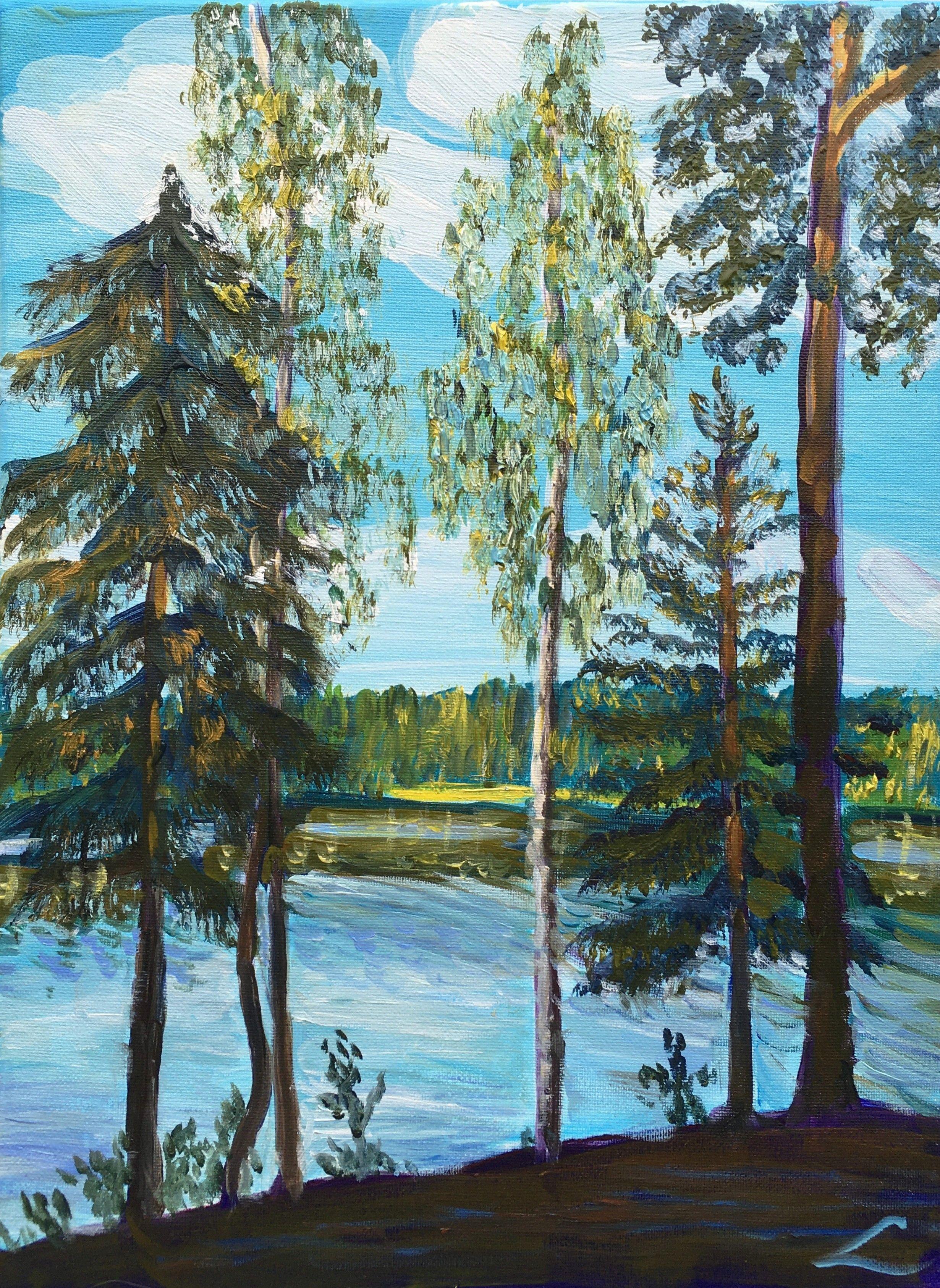 Trees at the lake, Painting, Oil on Canvas