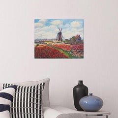Tulip fields with a windmill, Painting, Oil on Canvas