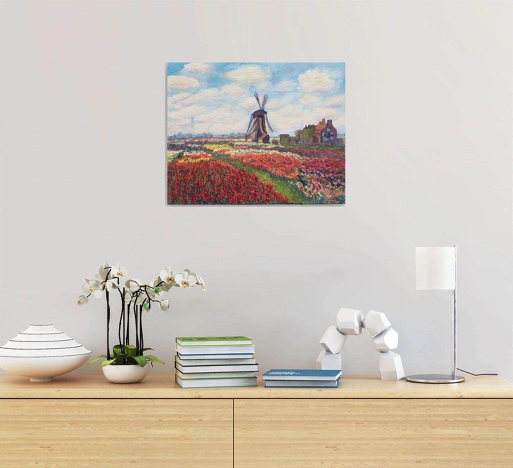 Tulip fields with a windmill, Painting, Oil on Canvas For Sale 2