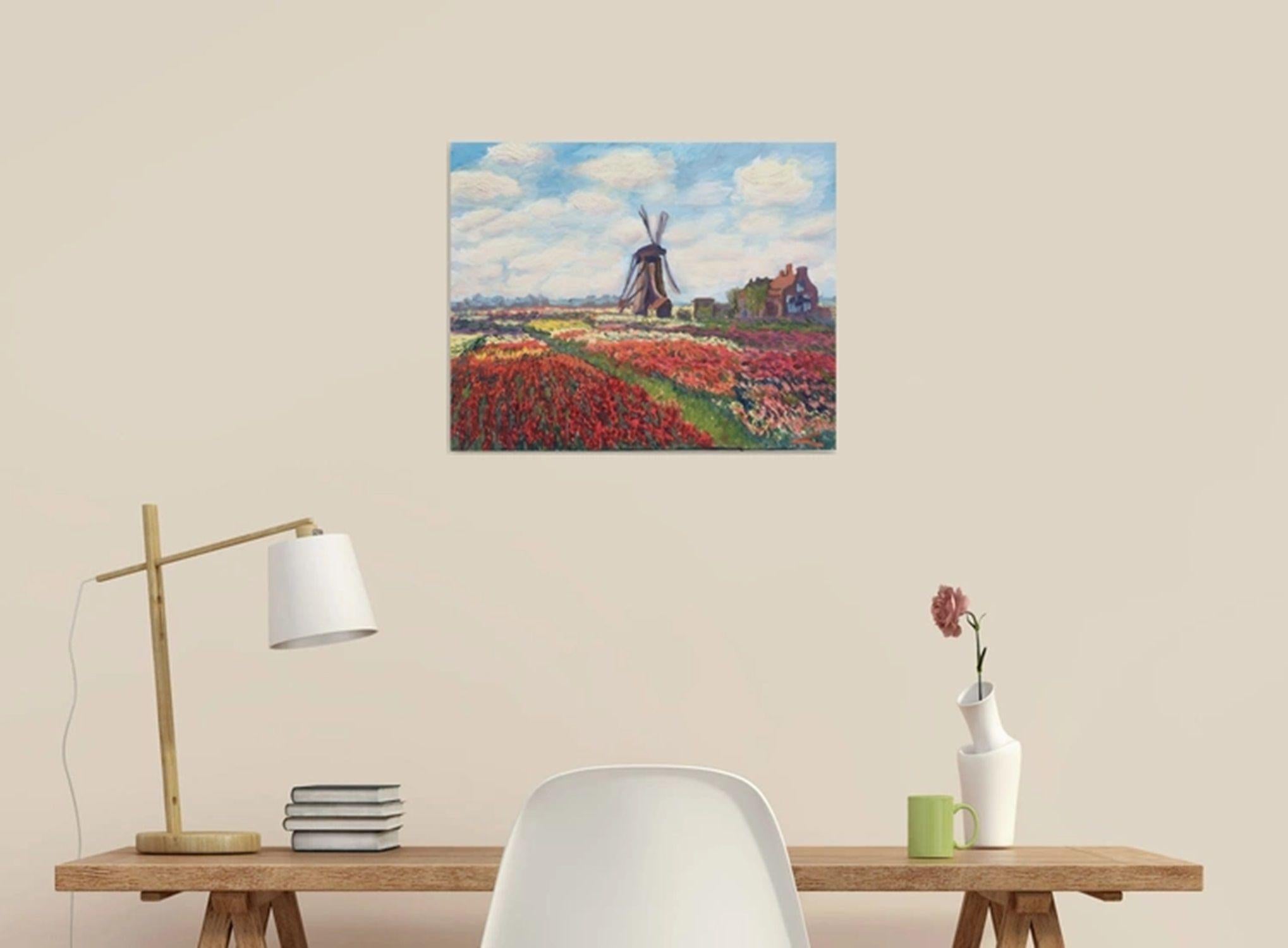 Tulip fields with a windmill, Painting, Oil on Canvas For Sale 3