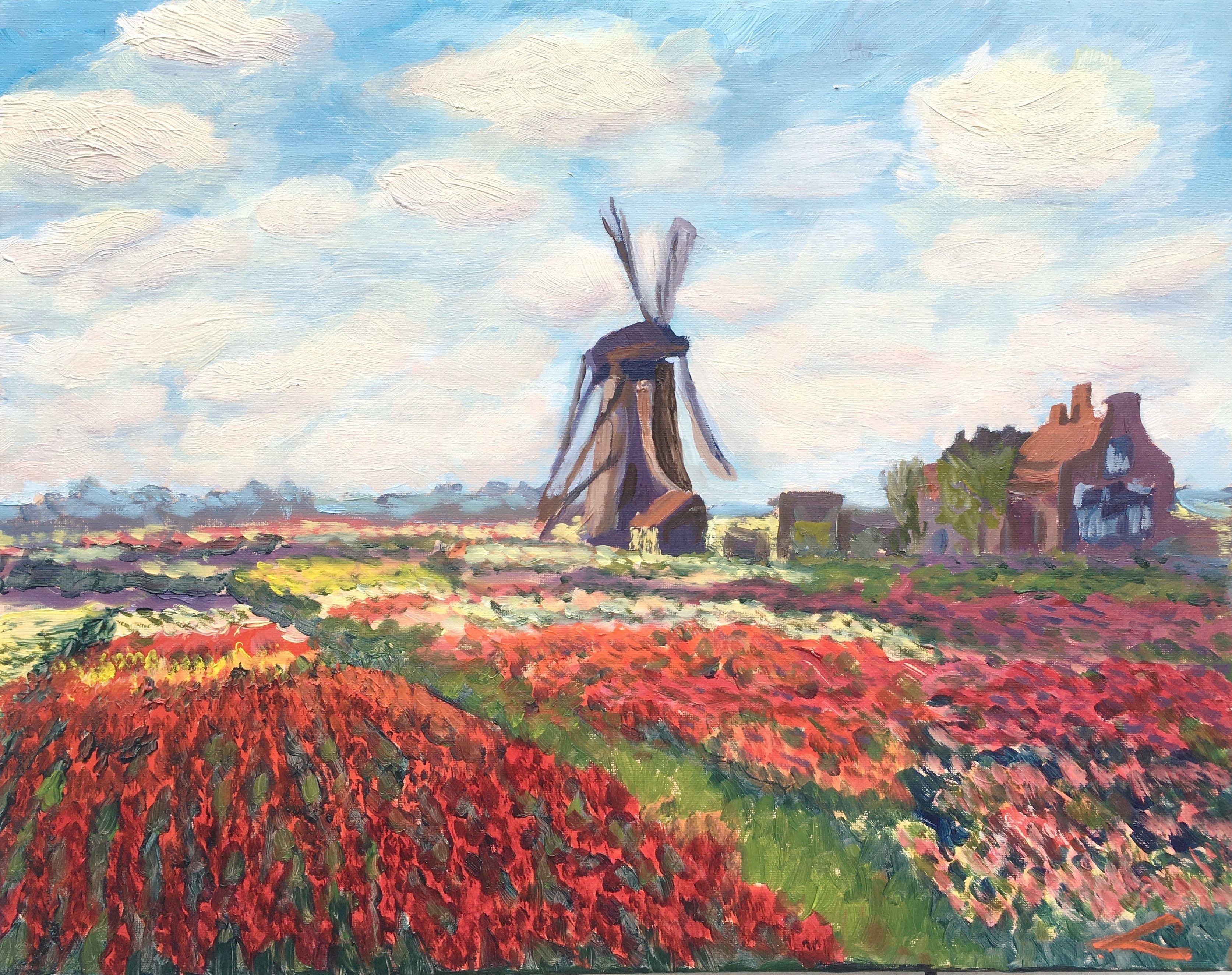 The painting depicts a colorful tulip field in the Netherlands, highlighted by a windmill prominently situated in the midst of the blossoms. The scene is painted in a style evoking the work of Claude Monet. In the composition, multiple tulip gardens