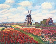Tulip fields with a windmill, Painting, Oil on Canvas