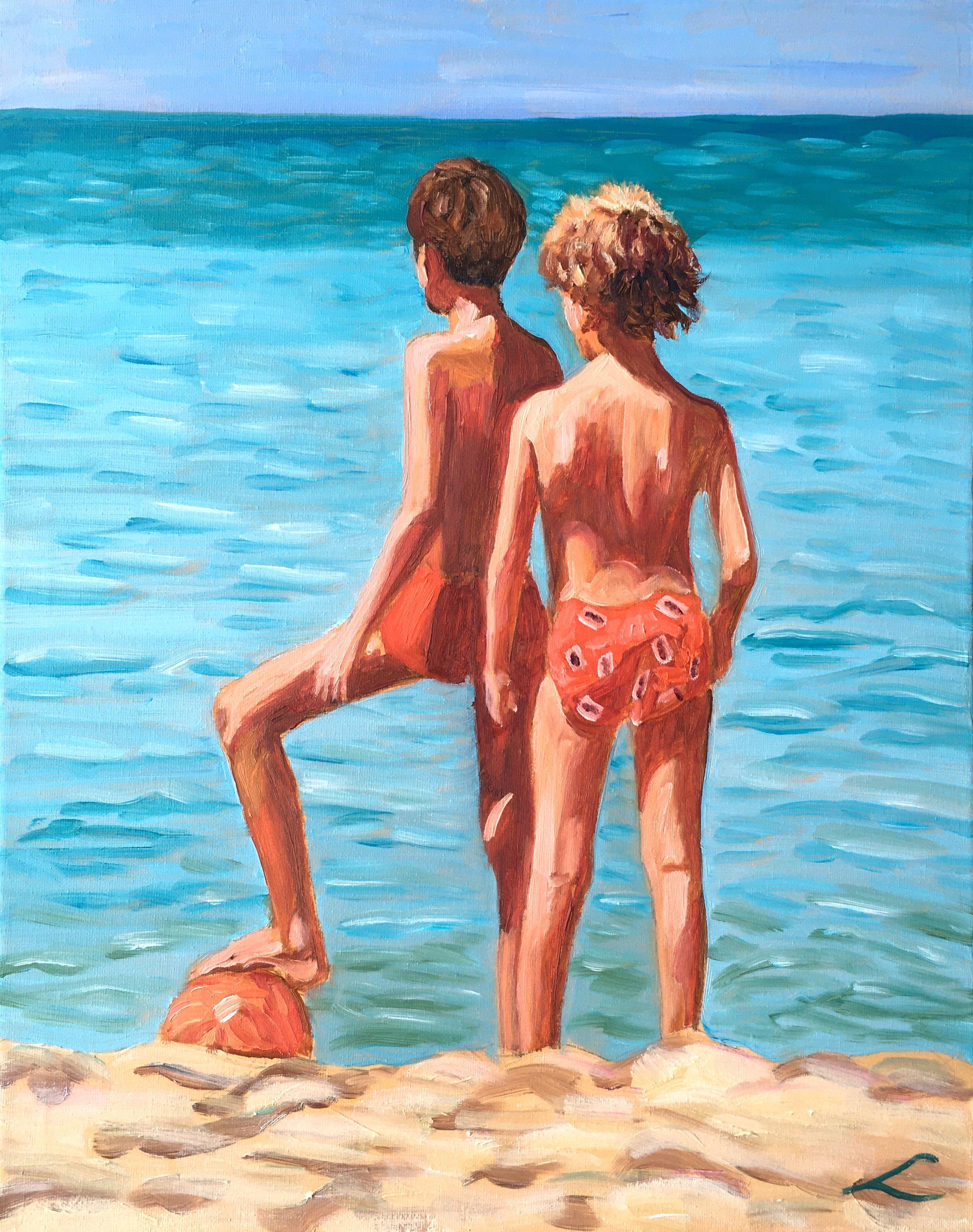 Alla prima oil painting with few final touches when dry. Beautiful weather with a big shining sun. And IΓÇÖm standing there taking it all in. The many spectacular sights jump at my eyes. Kids and dogs run around and splash each other I see happy