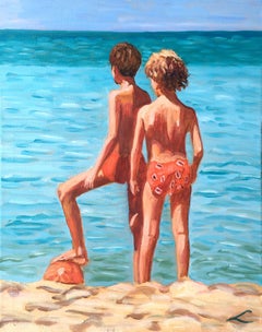 Two boys at the sea, Painting, Oil on Canvas