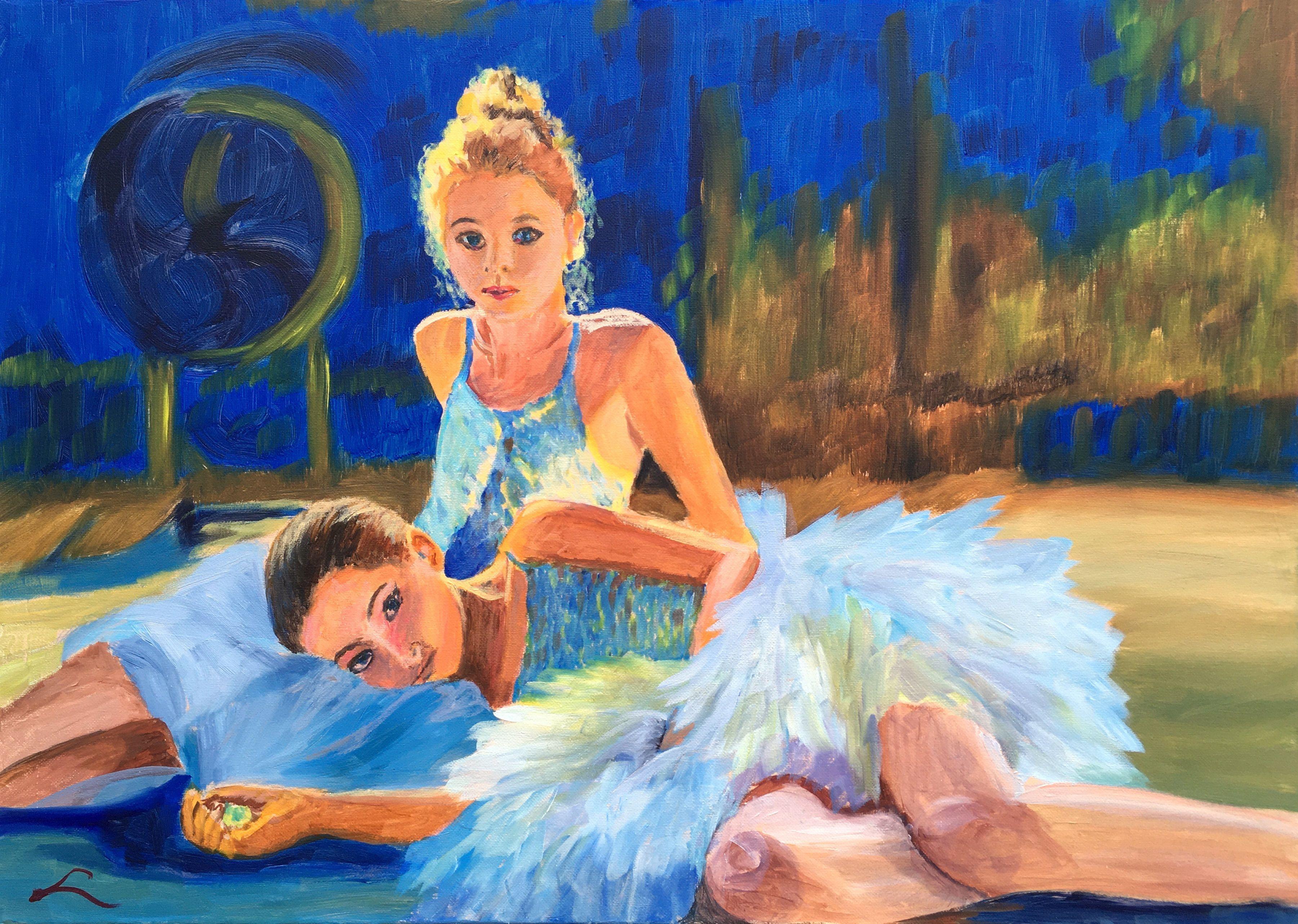 Two young ballerinas, painted by oil on canvas :: Painting :: Impressionist :: This piece comes with an official certificate of authenticity signed by the artist :: Ready to Hang: Yes :: Signed: Yes :: Signature Location: on front :: Canvas ::