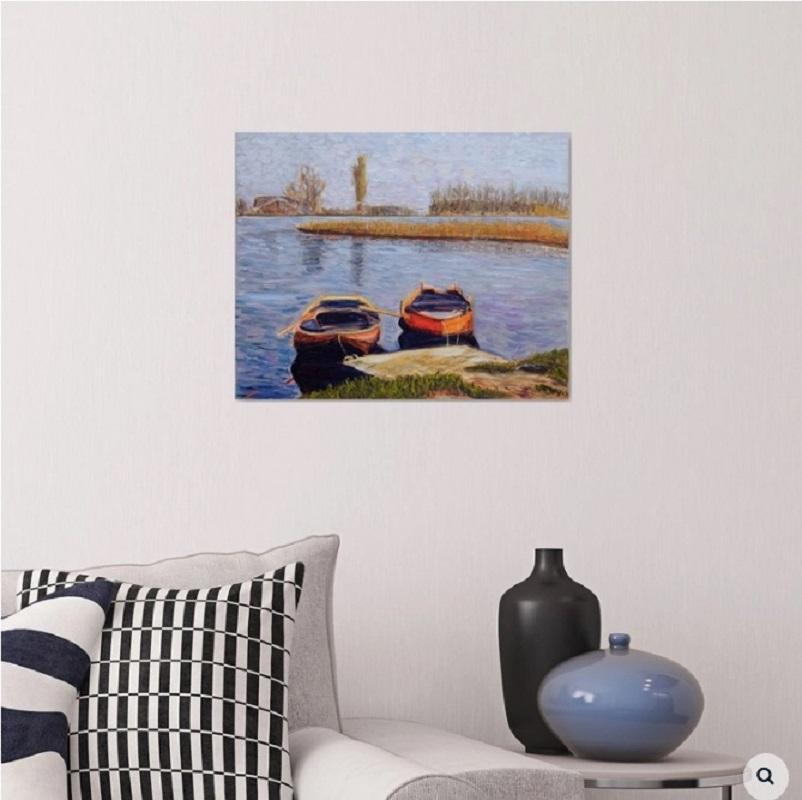 Two boats at the lake, waiting for passengers. Studio painting done after the plain air on the location. :: Painting :: Impressionist :: This piece comes with an official certificate of authenticity signed by the artist :: Ready to Hang: Yes ::