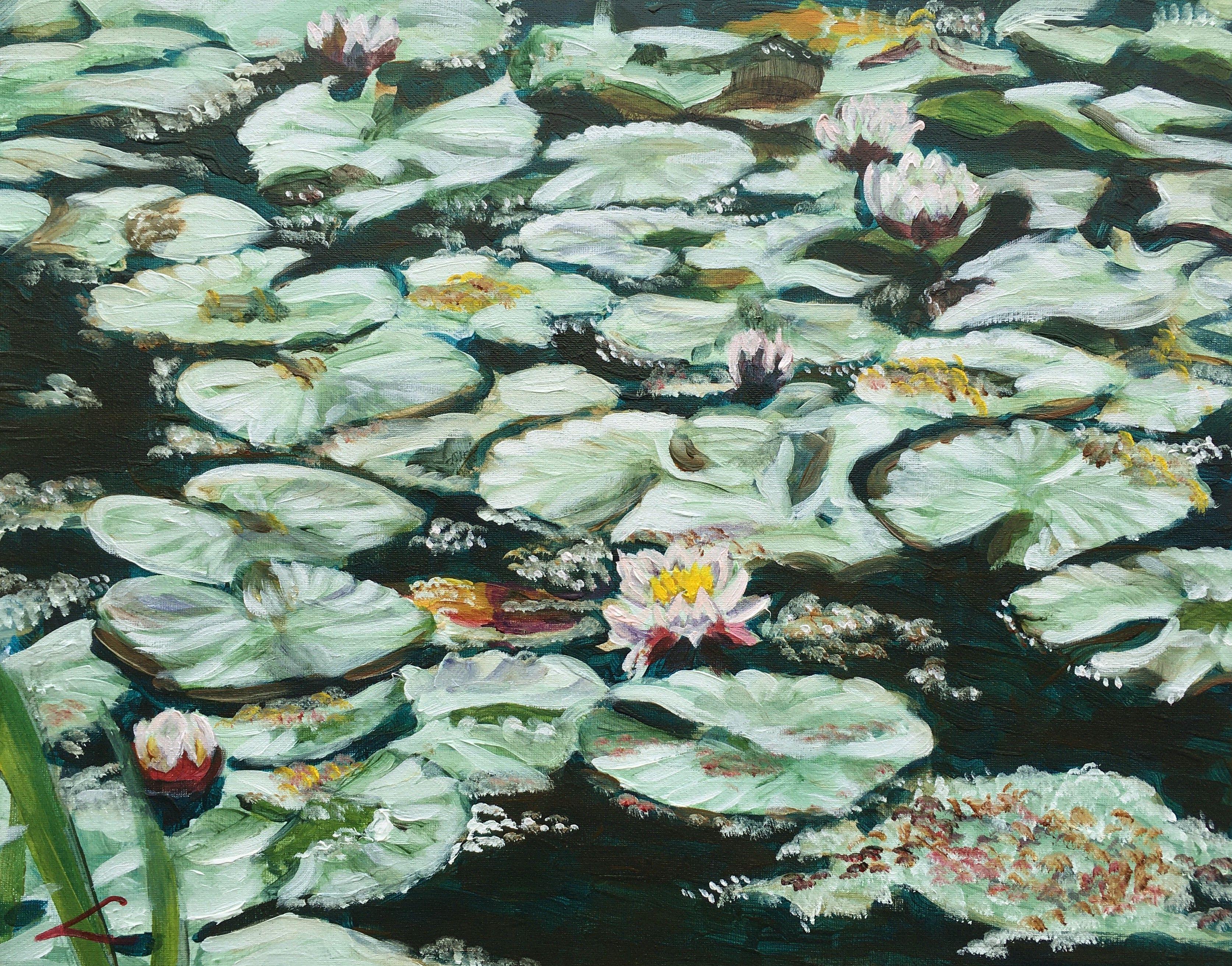 Waterlilies studio painting done after the plain air on the location :: Painting :: Impressionist :: This piece comes with an official certificate of authenticity signed by the artist :: Ready to Hang: Yes :: Signed: Yes :: Signature Location: on