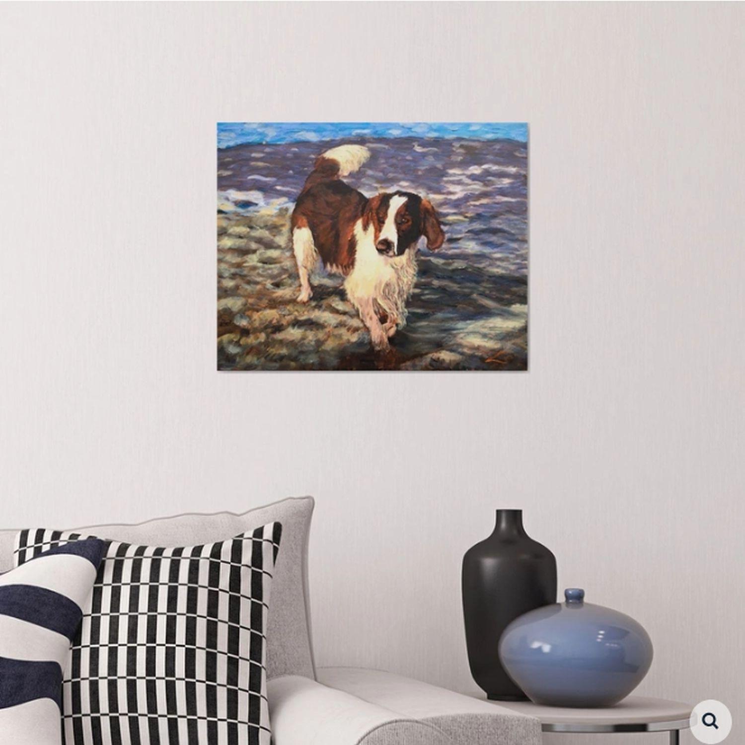 Wet dog on the beach with sea foam, painted by oil on canvas. :: Painting :: Impressionist :: This piece comes with an official certificate of authenticity signed by the artist :: Ready to Hang: Yes :: Signed: Yes :: Signature Location: on front ::