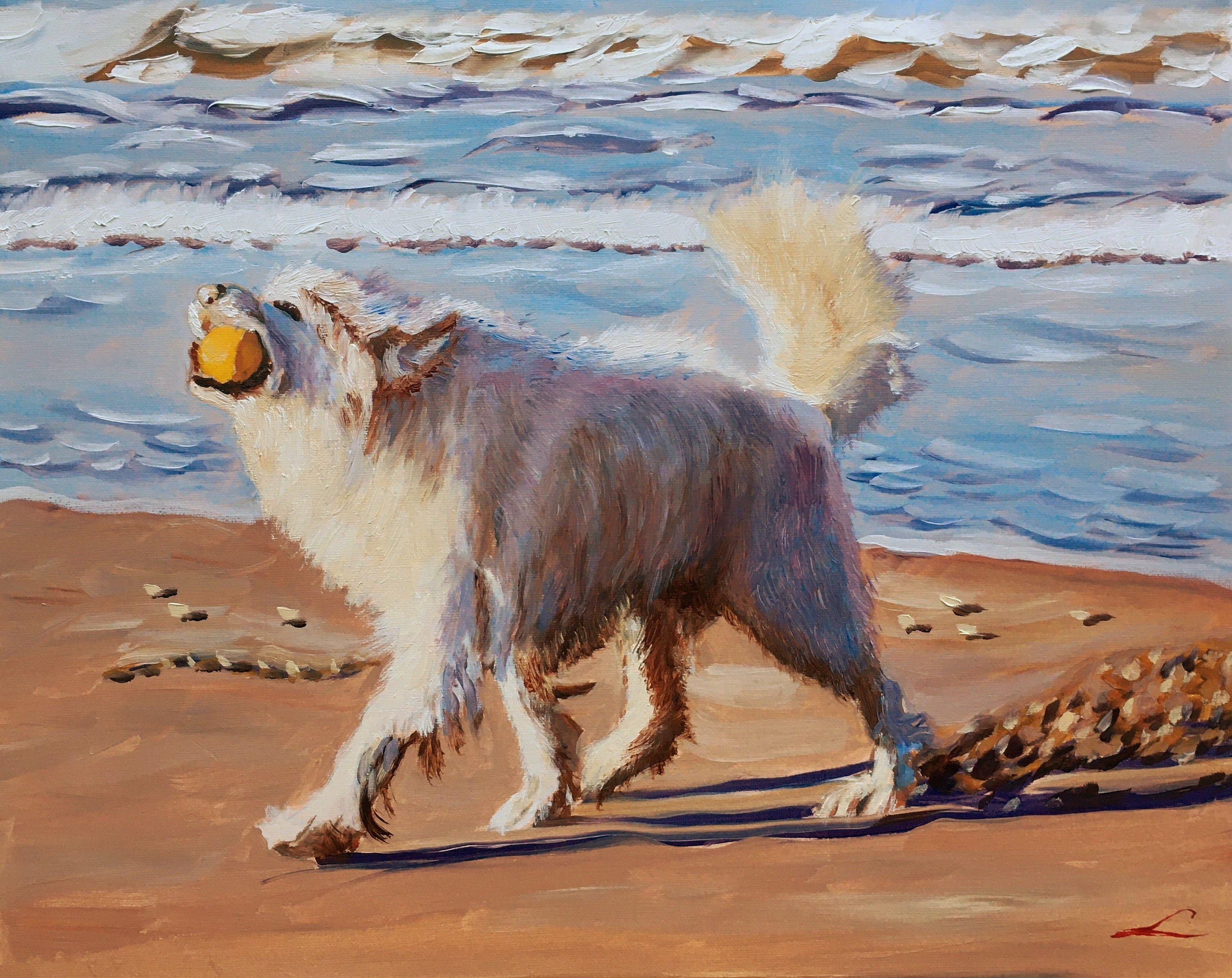 Elena Sokolova Animal Painting - Wet dog, Painting, Oil on Canvas