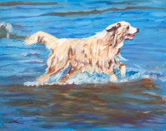 Wet dog with a red ball, Painting, Oil on Canvas