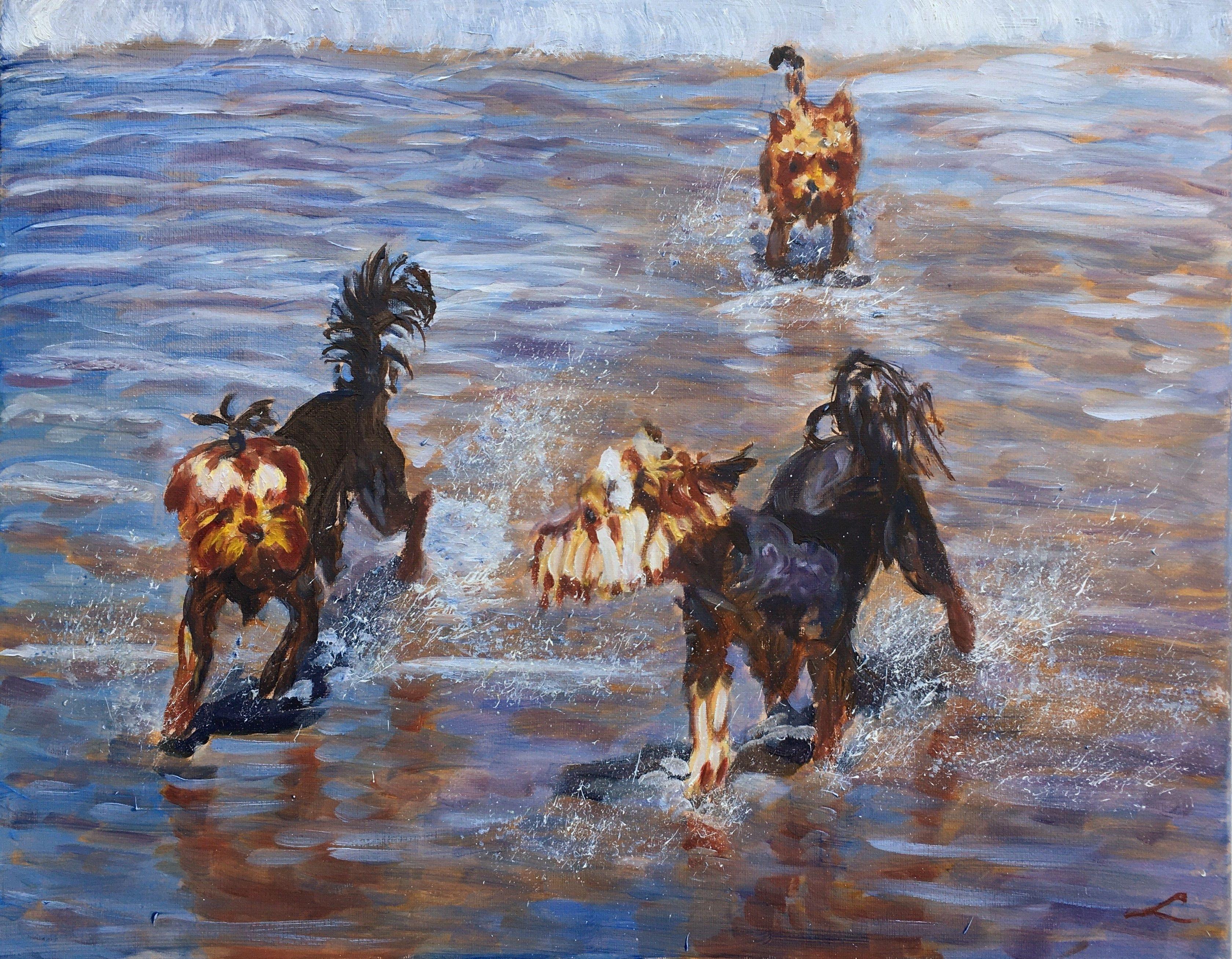 Elena Sokolova Animal Painting - Wet doggies, Painting, Oil on Canvas