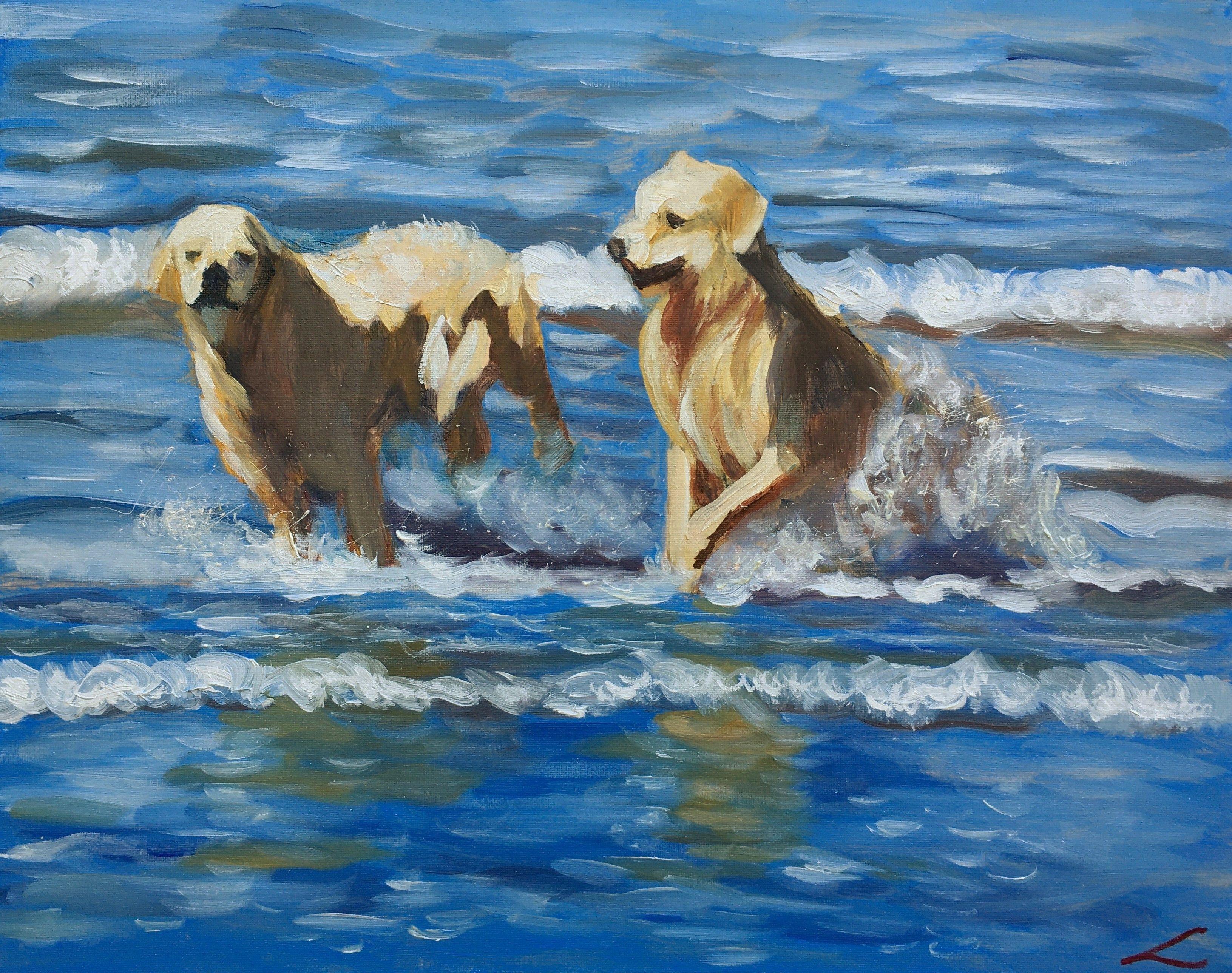 Elena Sokolova Animal Painting - wet dogs, Painting, Oil on Canvas