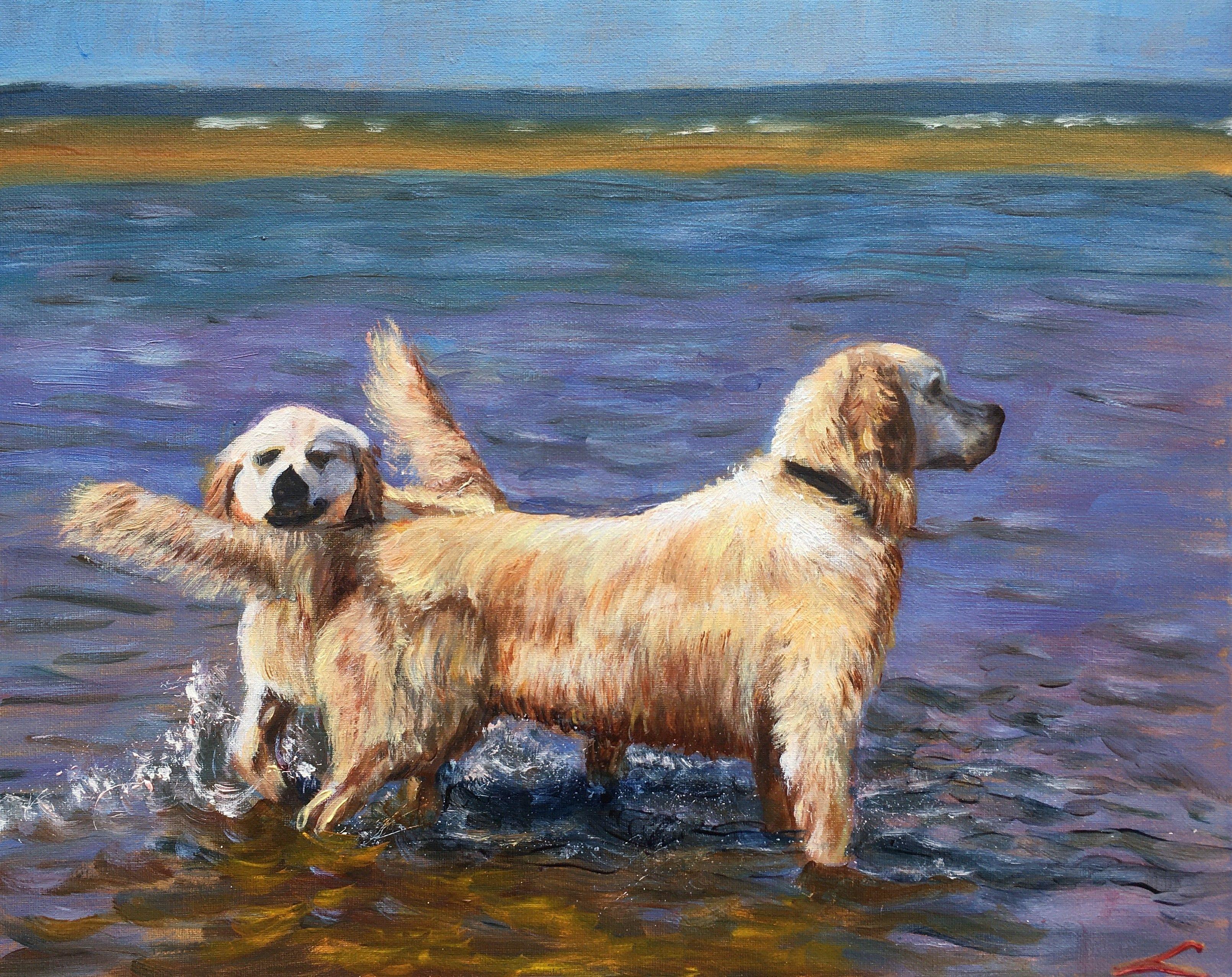 Elena Sokolova Animal Painting - Wet dogs, Painting, Oil on Canvas