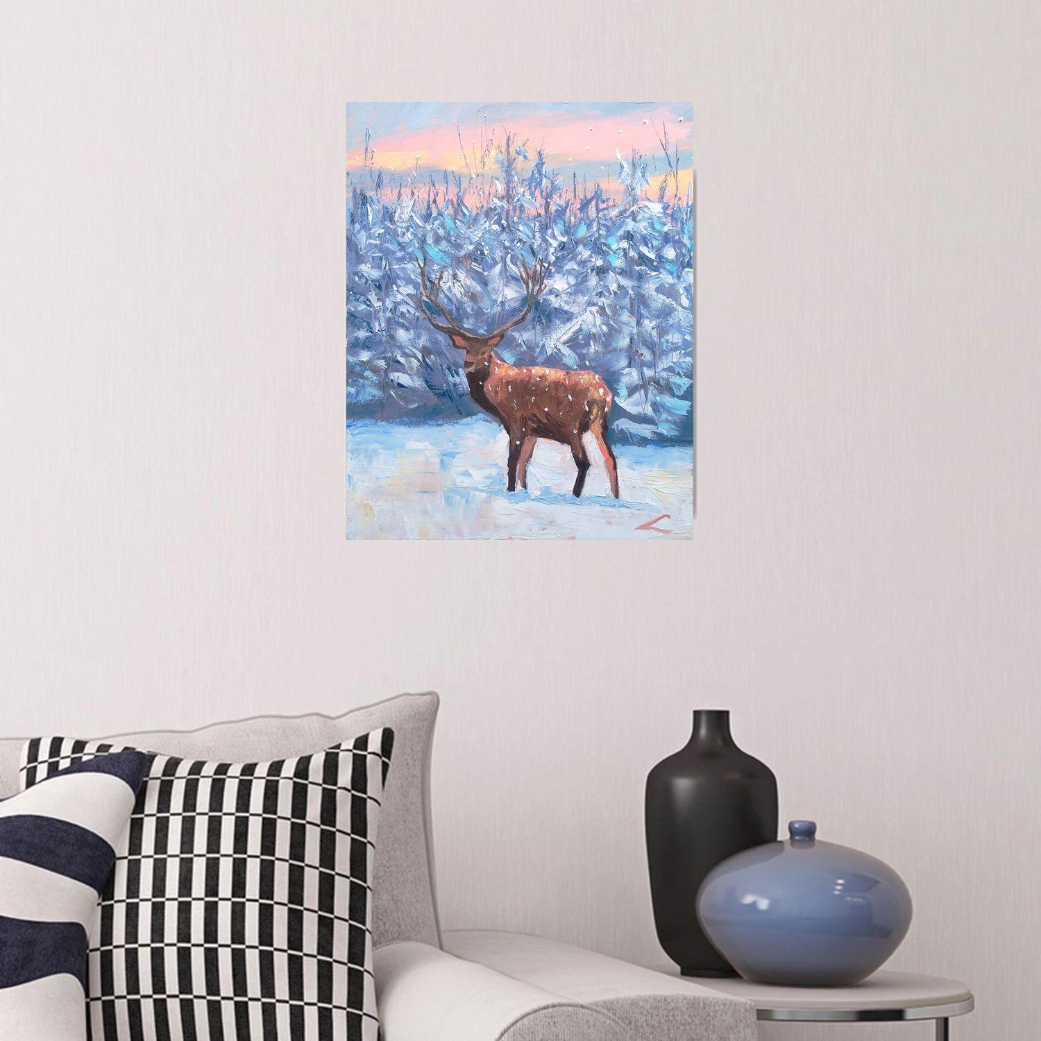 Winterhirsch, Gemälde, Öl auf Leinwand (Impressionismus), Painting, von Elena Sokolova