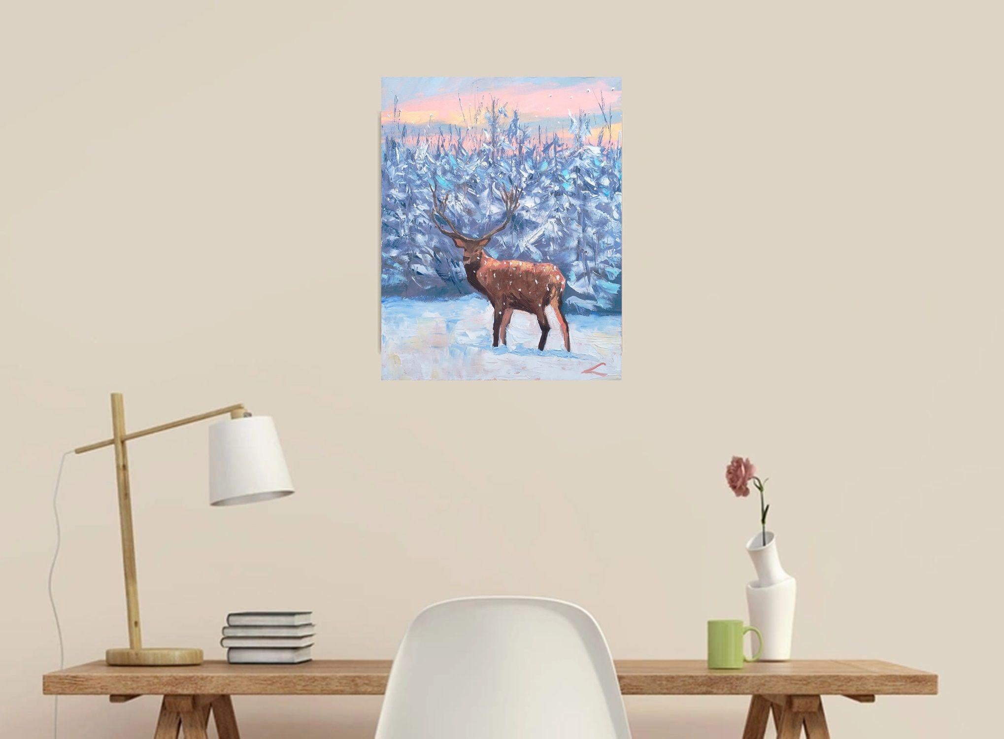 Winterhirsch, Gemälde, Öl auf Leinwand im Angebot 2