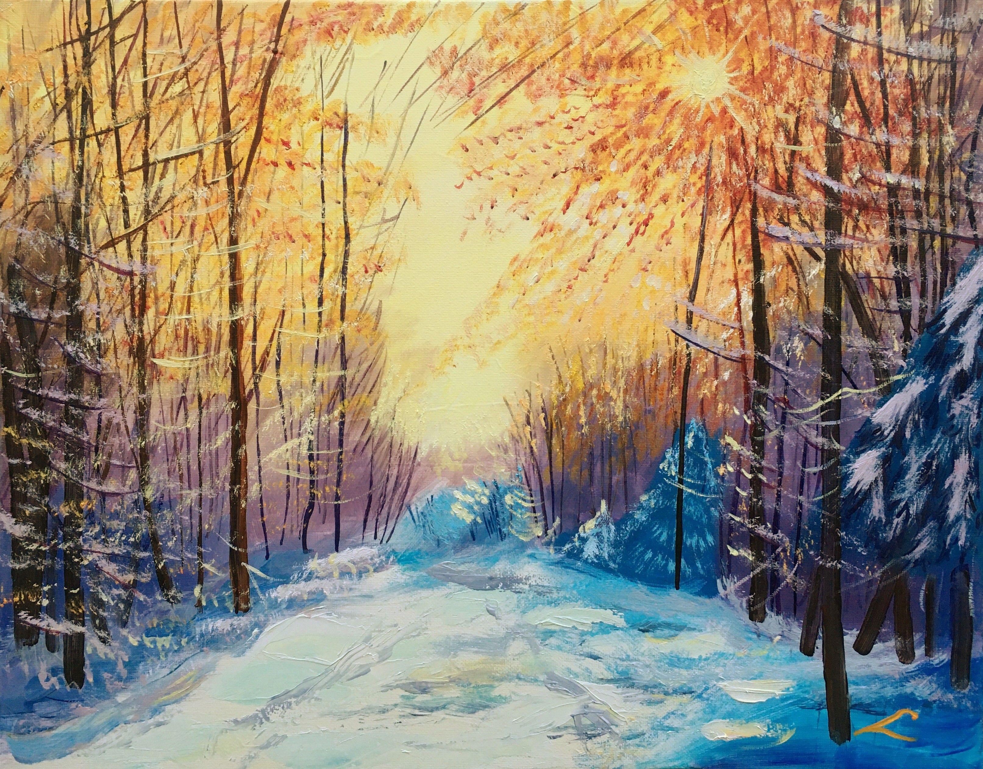 Winter forest sunset landscape, painted by oil on canvas. :: Painting :: Impressionist :: This piece comes with an official certificate of authenticity signed by the artist :: Ready to Hang: Yes :: Signed: Yes :: Signature Location: on front ::