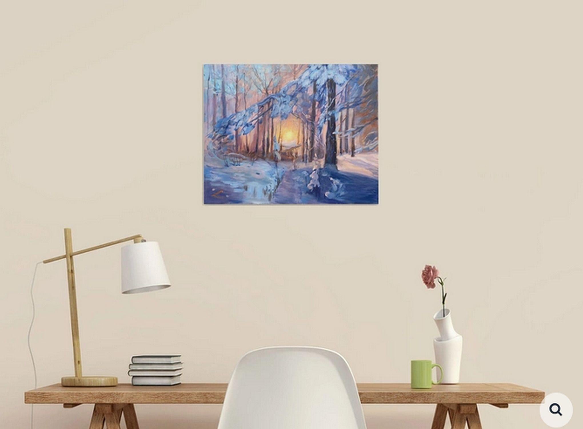 Winterwald-Sonnenuntergang, Gemälde, Öl auf Leinwand im Angebot 1