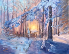 Winter forest sunset, Painting, Oil on Canvas