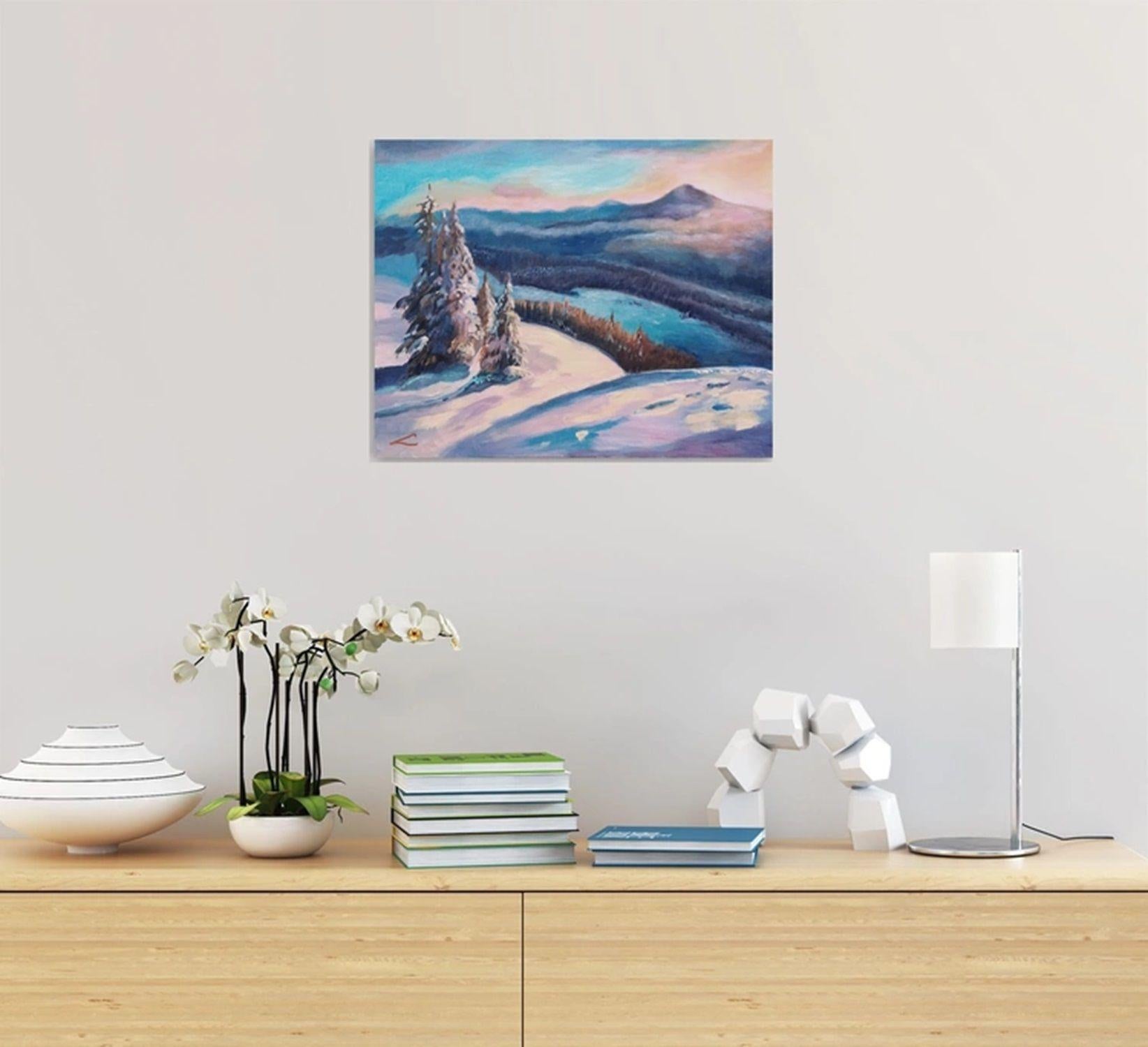 Winter sunrise landscape, Painting, Oil on Canvas For Sale 1