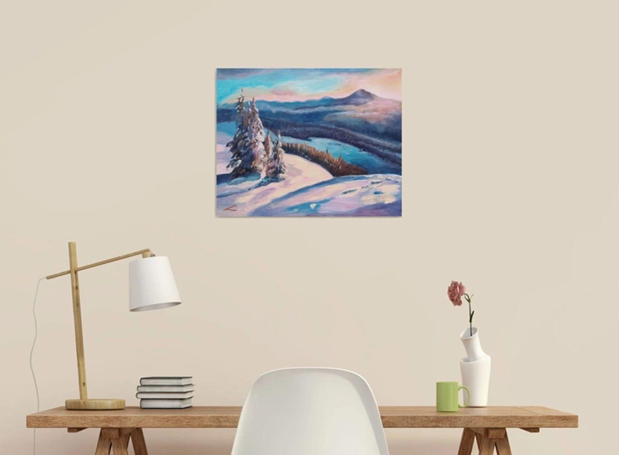Winter sunrise landscape, Painting, Oil on Canvas For Sale 3