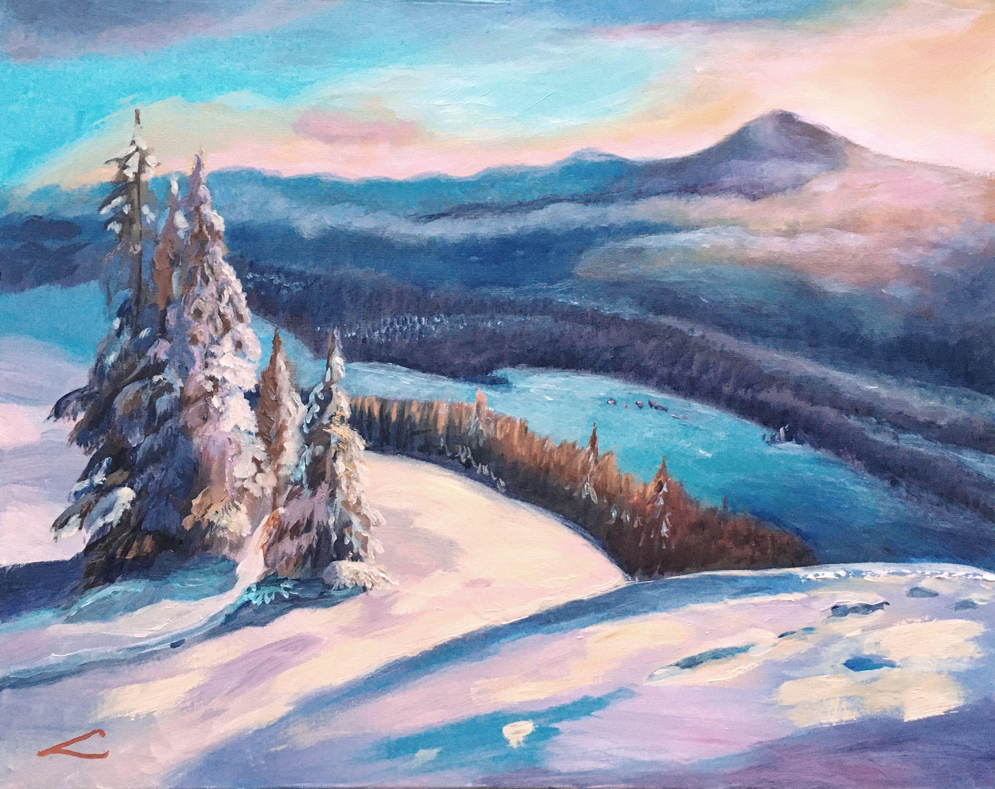 The image features a picturesque snowy mountain landscape with prominent snow-covered evergreen trees in the foreground. The background is composed of snow-laden mountainous terrain with some greenery peeking through. The sky above showcases the