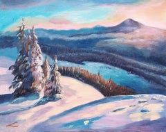 Winter sunrise landscape, Painting, Oil on Canvas