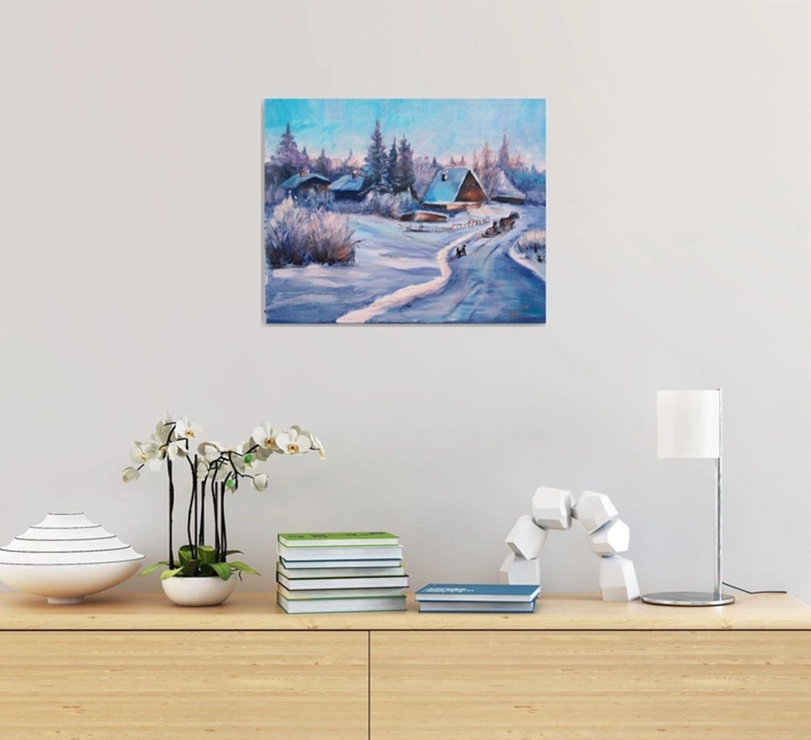 Winterdorf 3, Gemälde, Öl auf Leinwand im Angebot 1