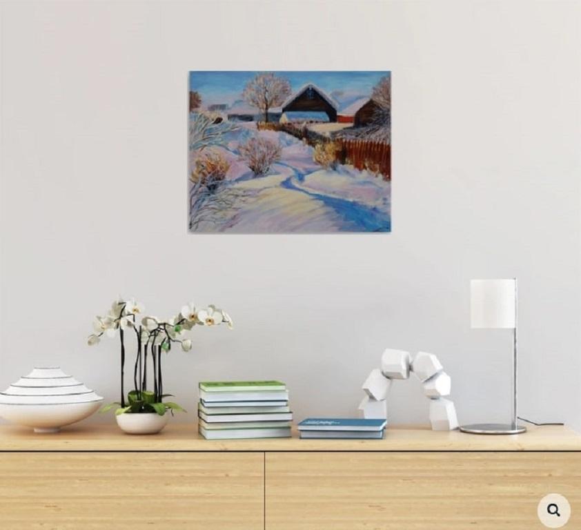 Winter landscape with houses, painted by oil on canvas. Sunny and positive. :: Painting :: Impressionist :: This piece comes with an official certificate of authenticity signed by the artist :: Ready to Hang: Yes :: Signed: Yes :: Signature